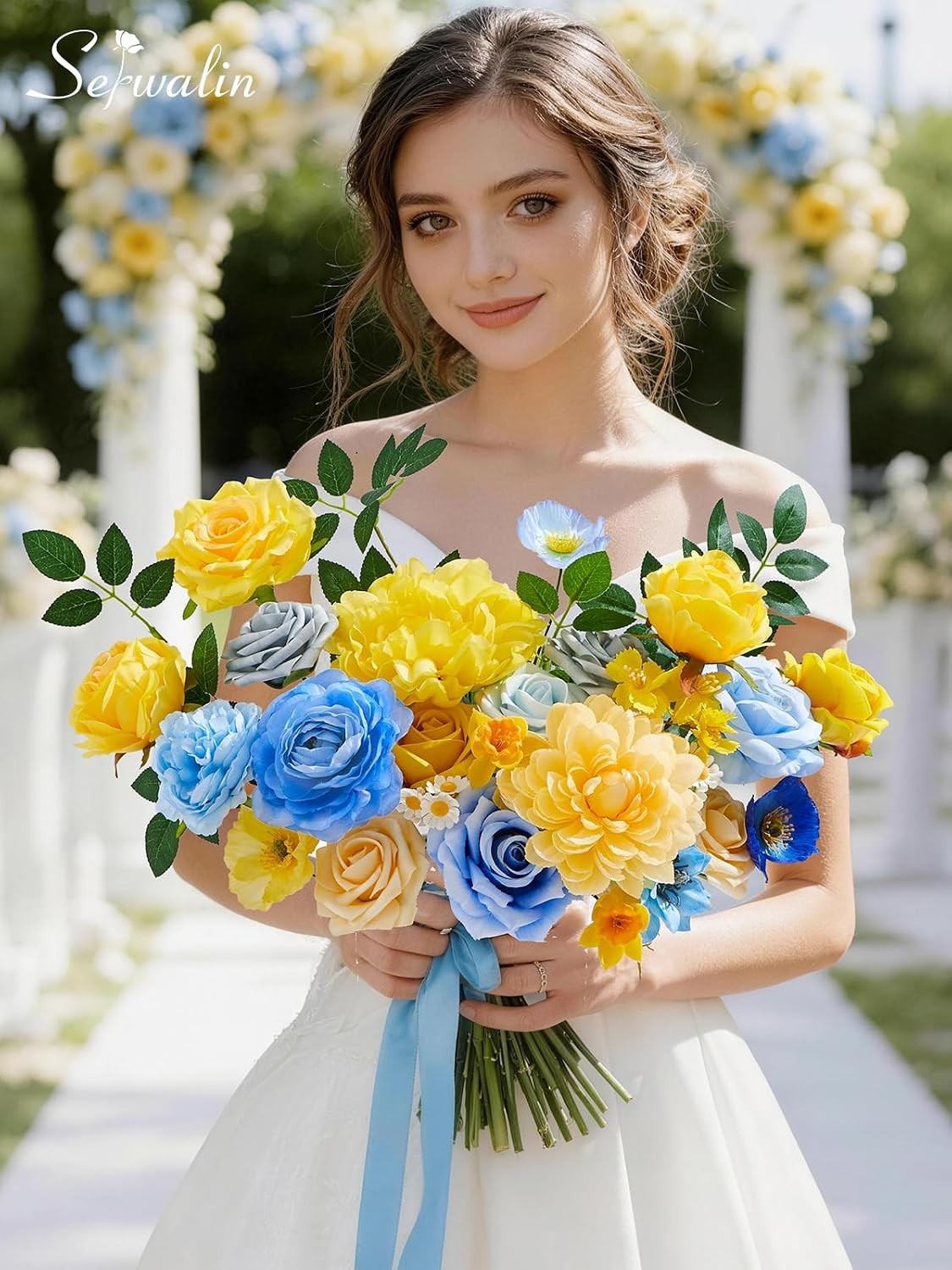 Artificial Flowers Blue Yellow Silk Floral Decor for Wedding Party Home