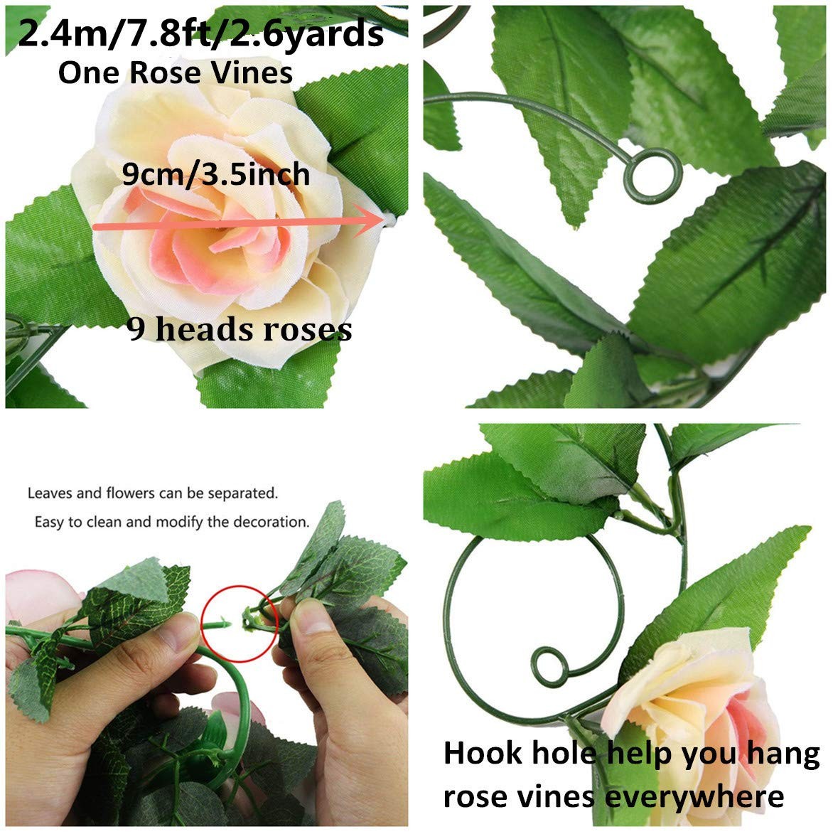 4 Pack 78ft Artificial Rose Vines with Green Leaves Fake Flowers Plants Hangi…