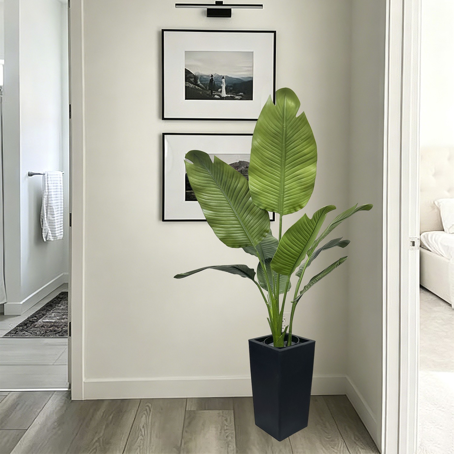 5ft Artificial Traveler’s Palm Tree Black Planter, Banana Leaf Plant Home Decor