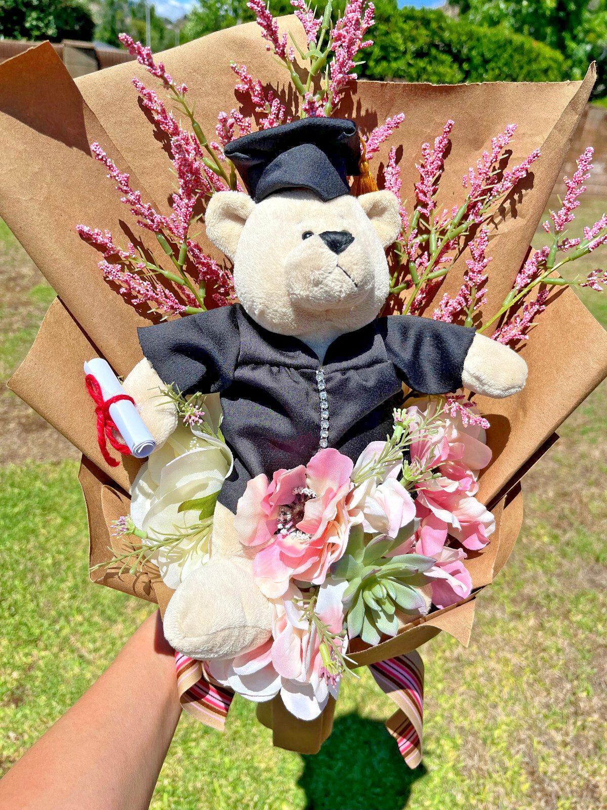 Hand Made Graduation Plush Bear Pink Artificial Flower Bouquet & Matching Ribbon