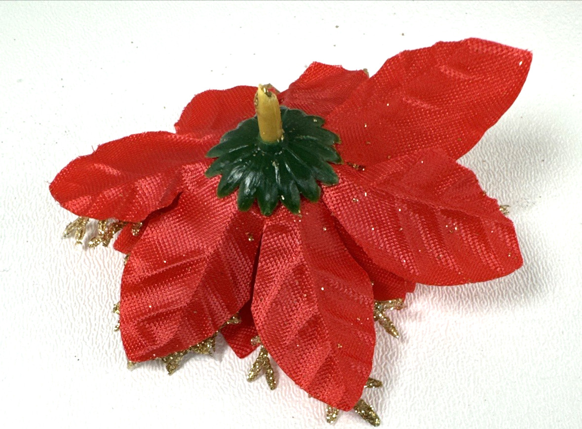 36 Christmas Poinsettia Red Gold-Tone Fabric Flowers & Add On Clips 2″-5″