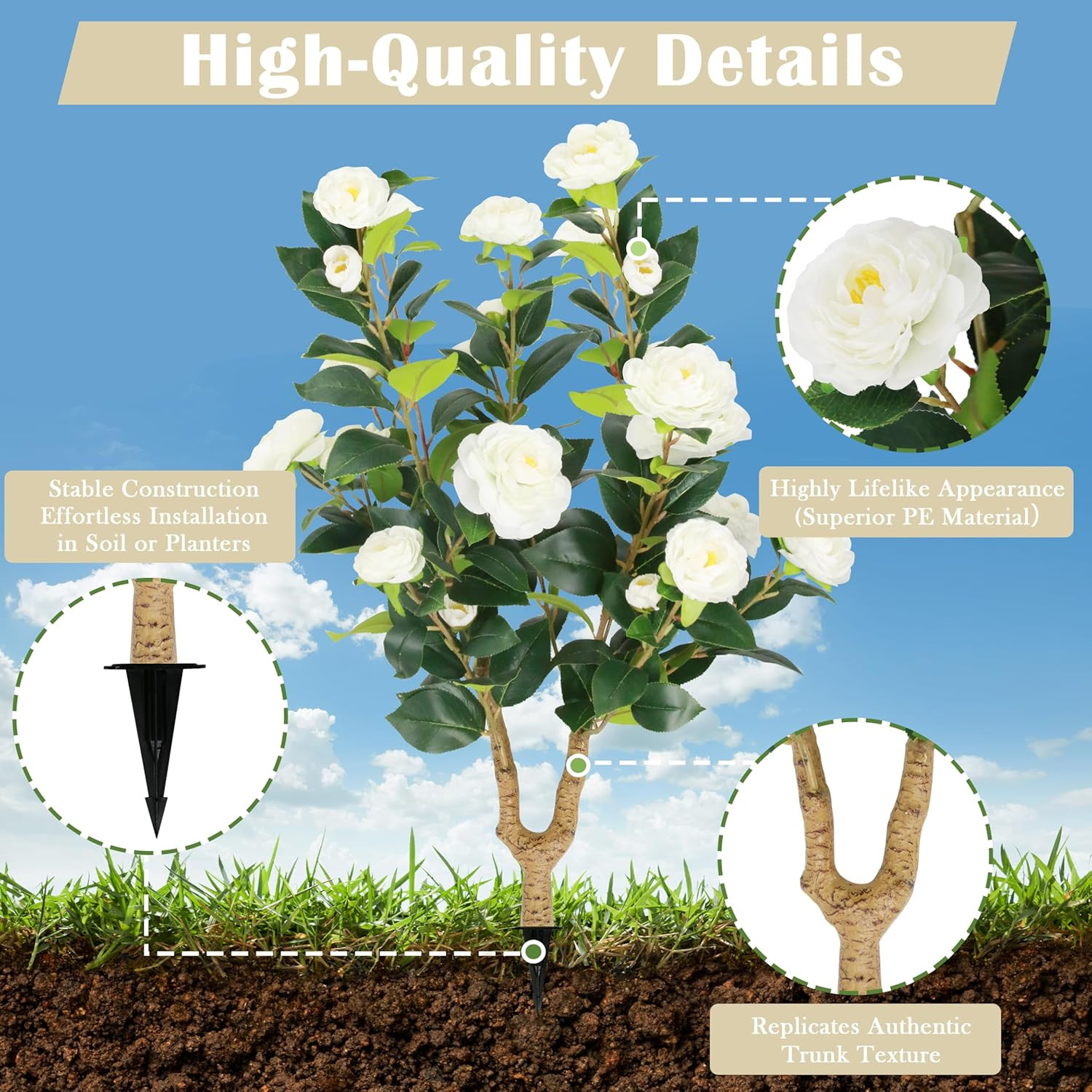 2 Packs 35.5″ Artificial Camellia Tree, Faux White Camellia Flowers Plant with S
