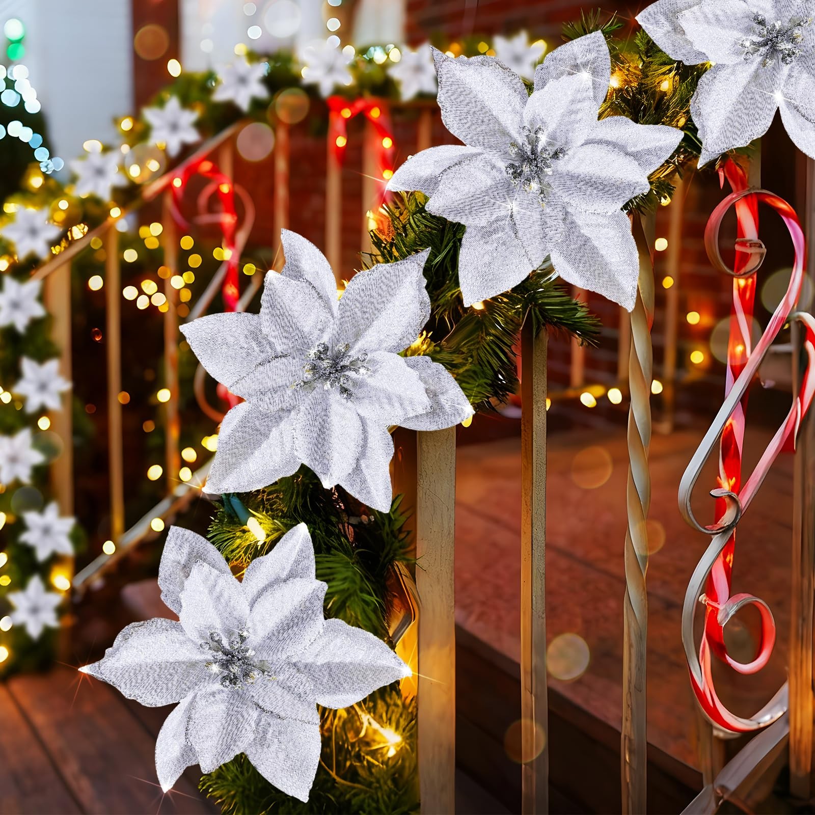 12Pcs Poinsettia Flower Artificial Poinsettia with Stem Christmas Decor Glitt…