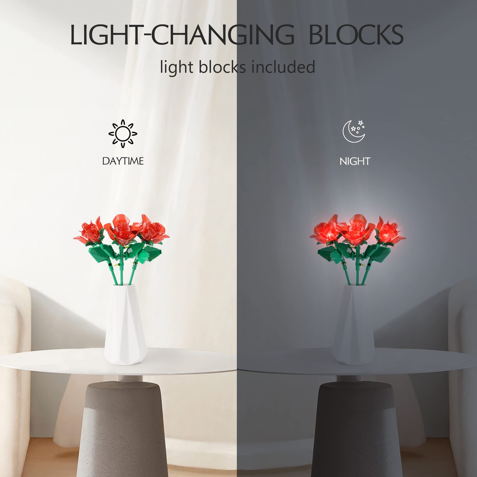 Rose Flower Bouquet Building Set with Lights,Artificial Plant Cute Botanical …