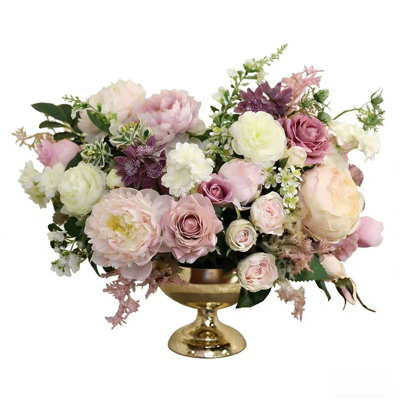Luxury French Faux Floral Arrangement Pink Peony Rose Centerpiece with Gold Vase