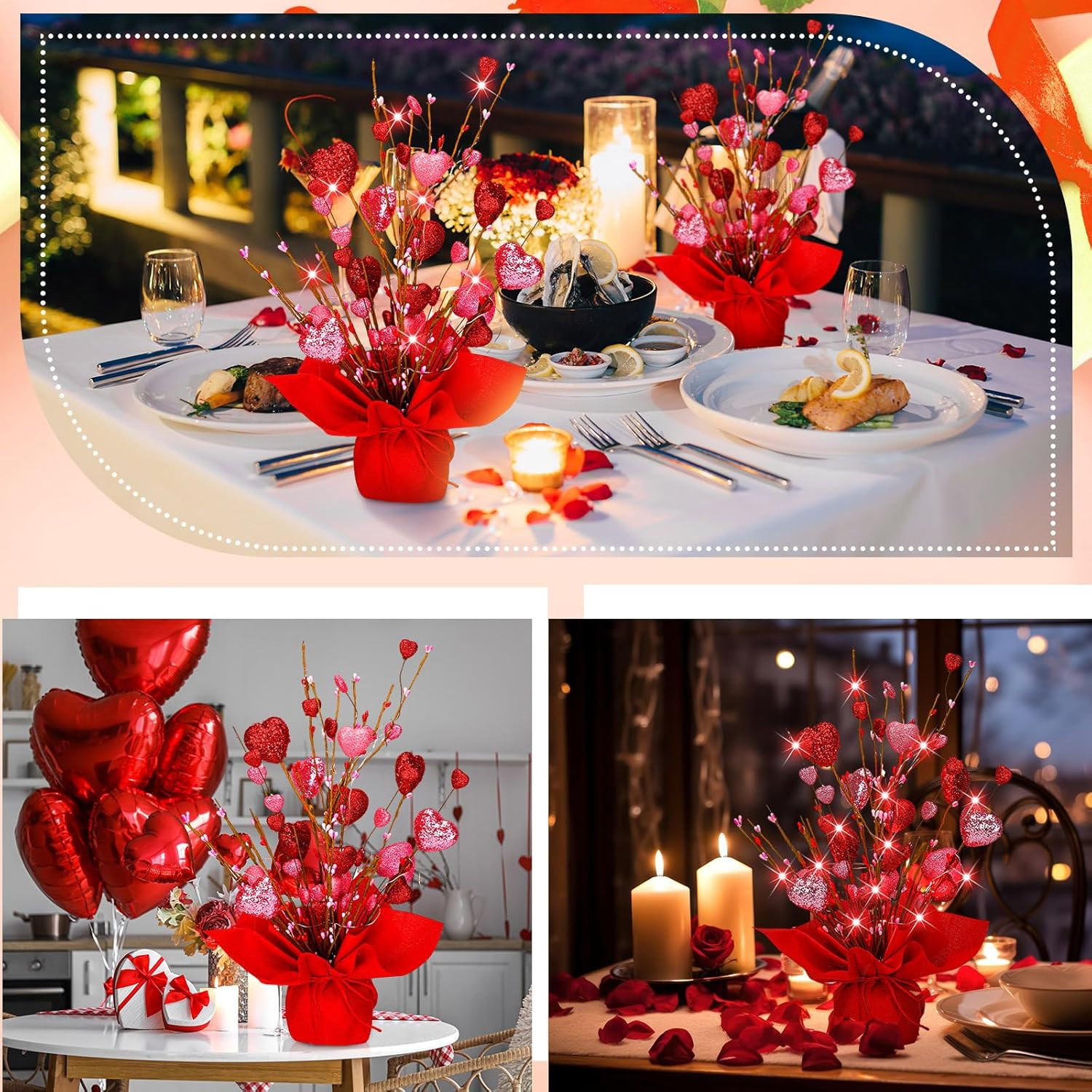 Ganeen 2 Pack Valentines Heart Table Tree Decorations 18 Inch LED Light up