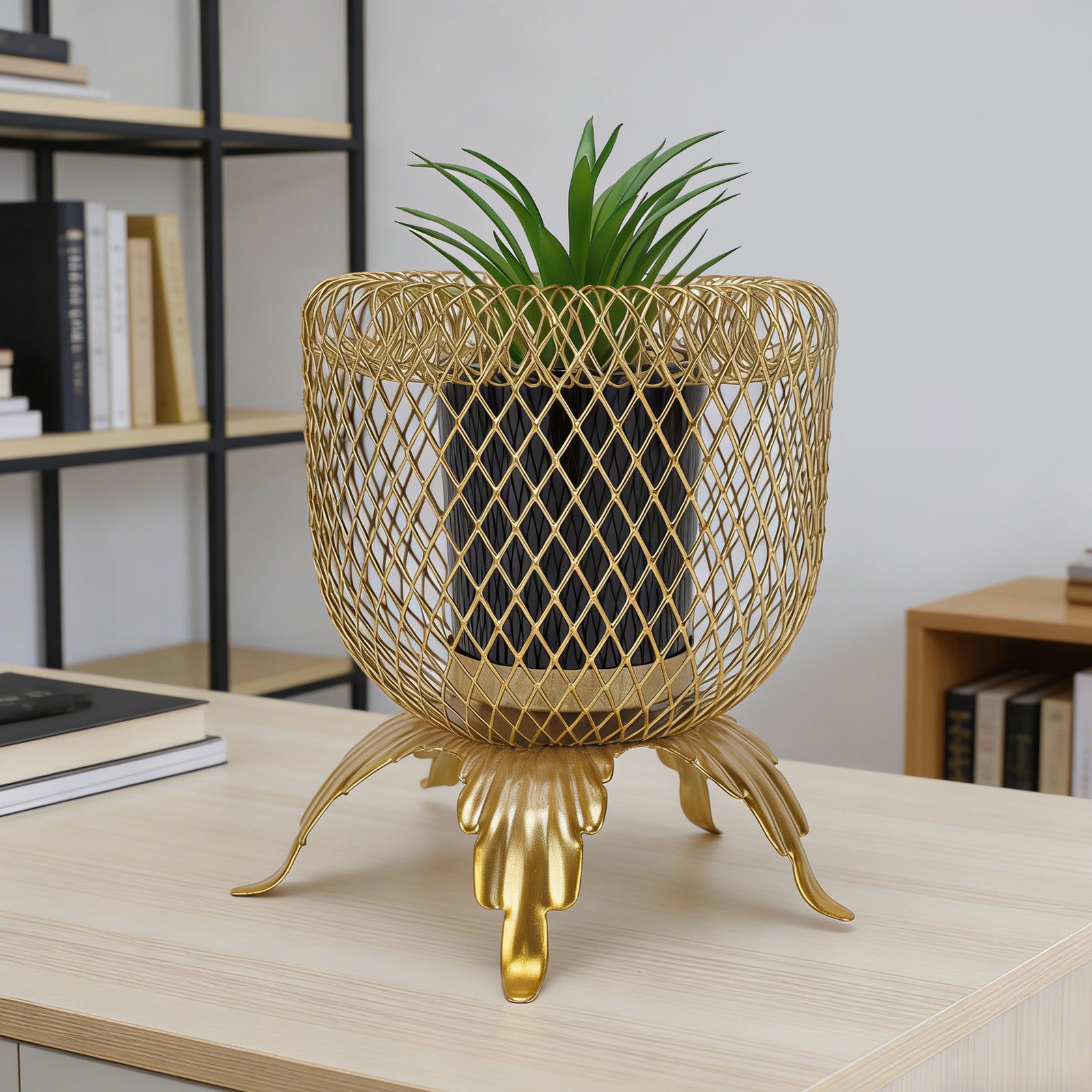 Small Fake Plant With Metal Cage Decorative Potted Artificial Succulent For Home
