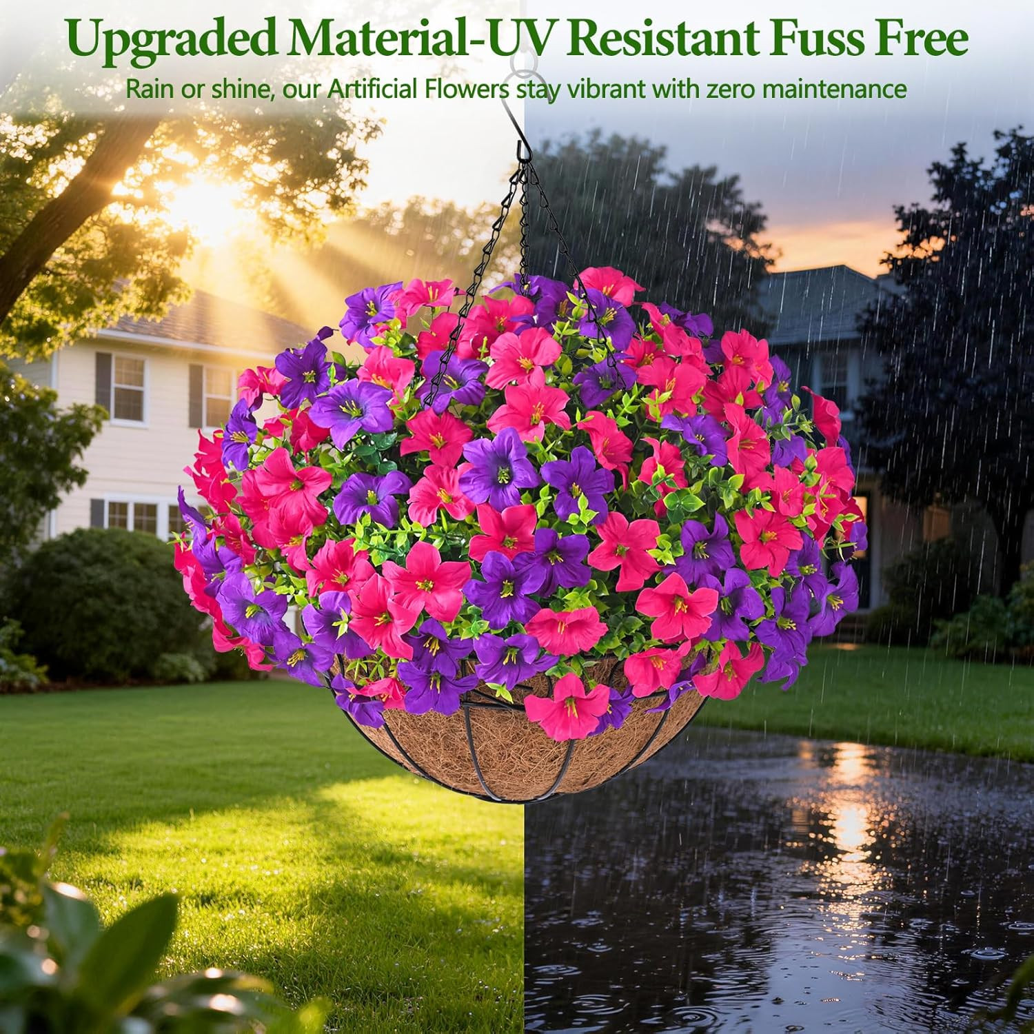 Realistic Artificial Hanging Flowers for Outdoors with Basket, 2 Set Large Size