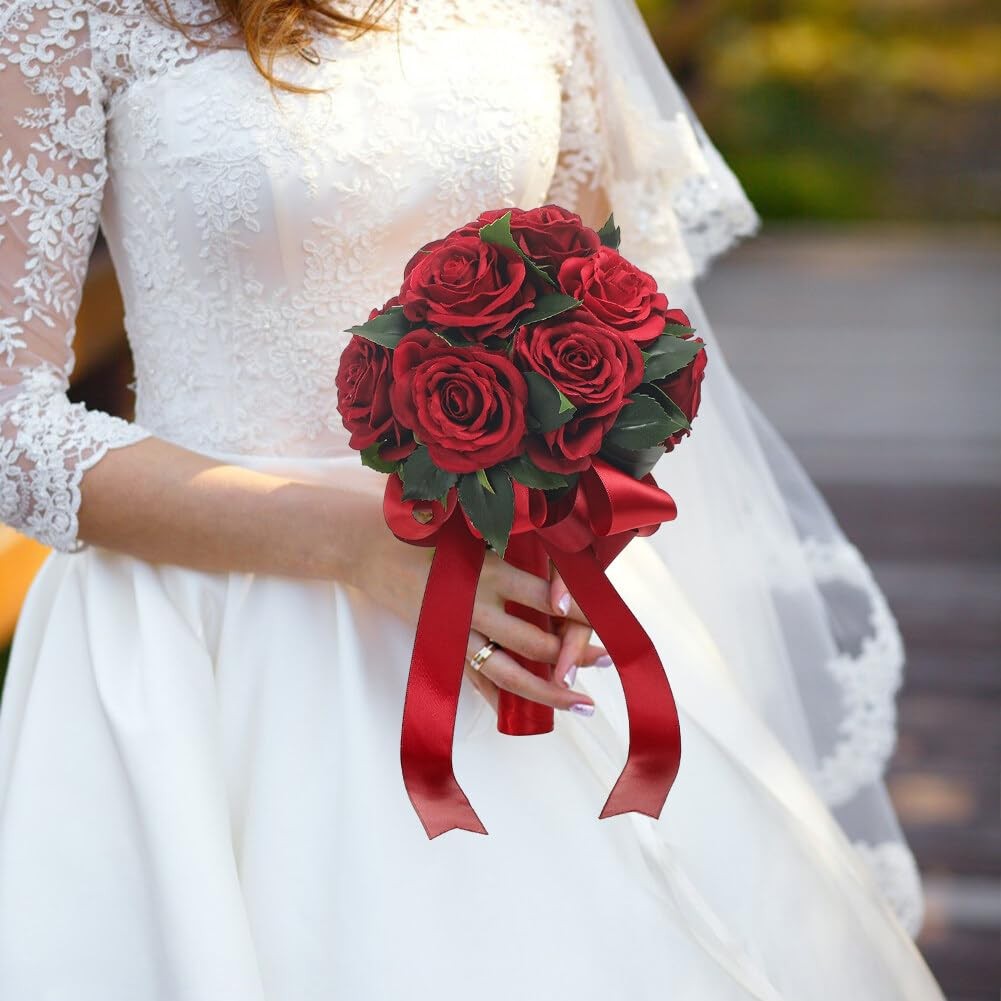 Wedding Bouquets Ribbon Artificial Dark Red Rose Bride Holding Flower