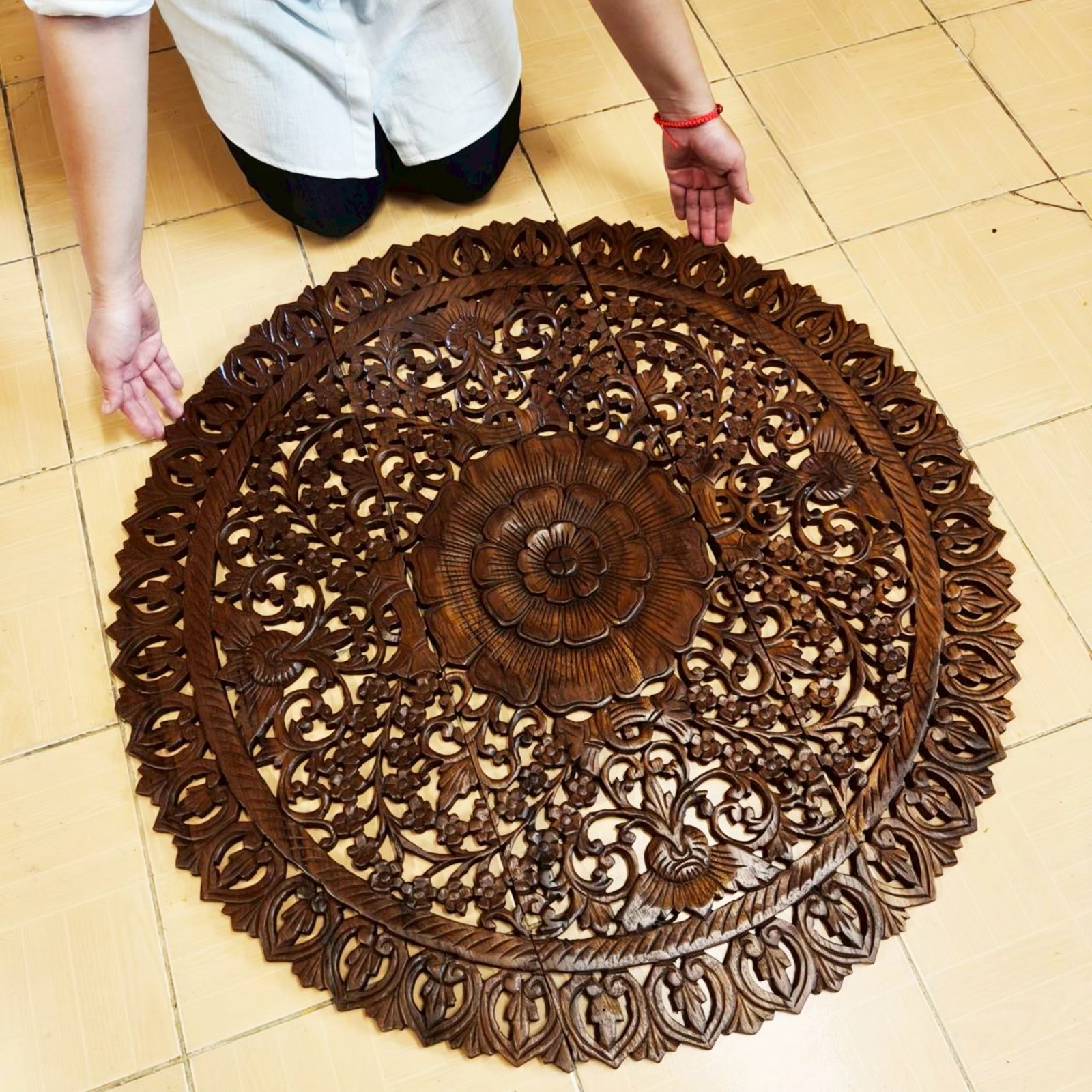 Round Floral Mandala Wood Carving Panel 90 cm, 3-Piece Set