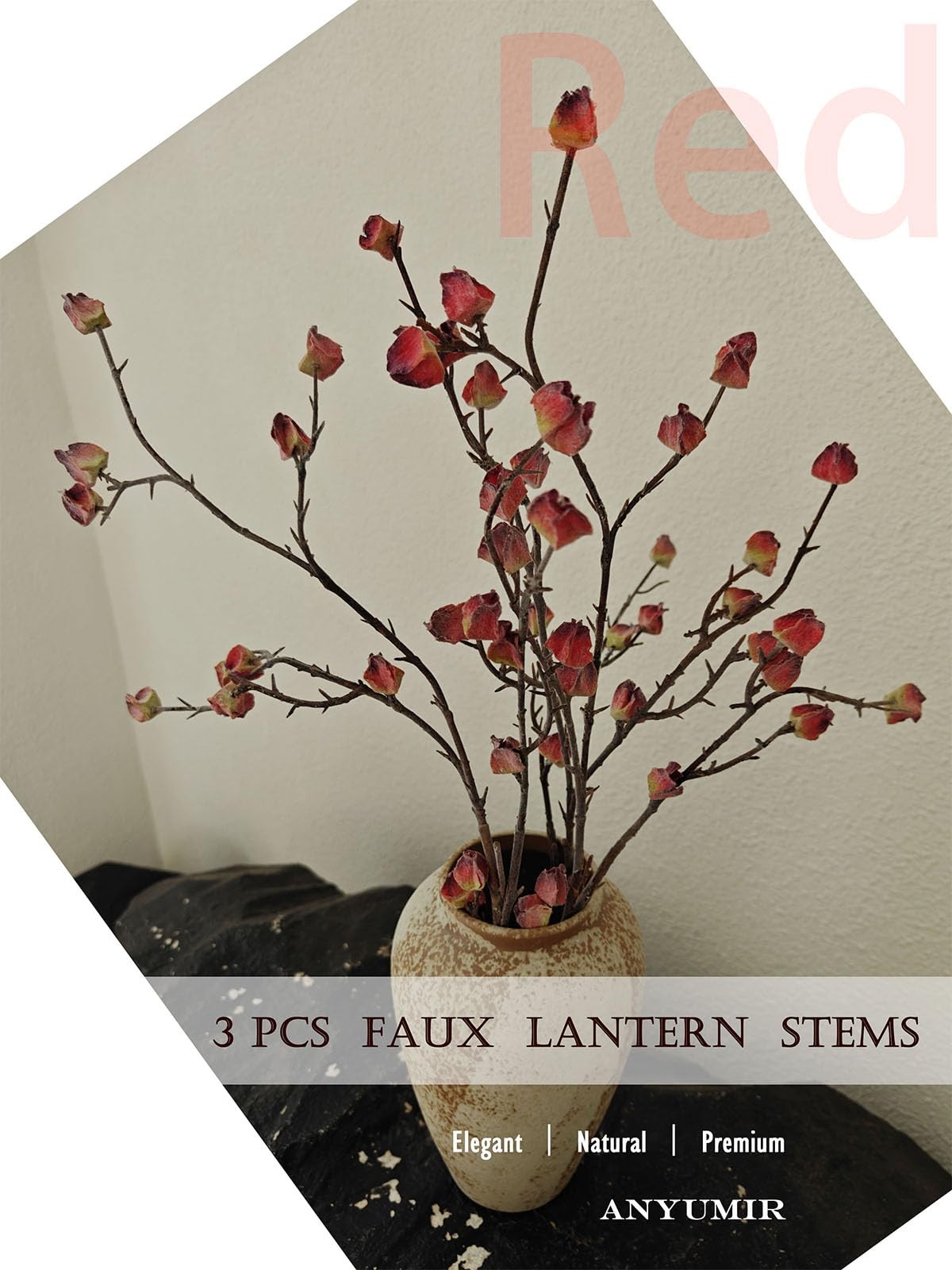 3Pcs Faux Stems for Tall Vases, 35.4 Inch Bendable Red Branches with Frosted …