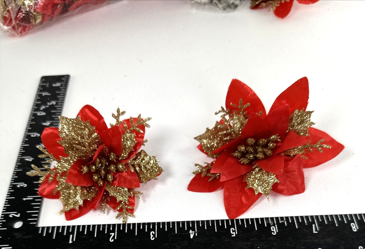 36 Christmas Poinsettia Red Gold-Tone Fabric Flowers & Add On Clips 2″-5″