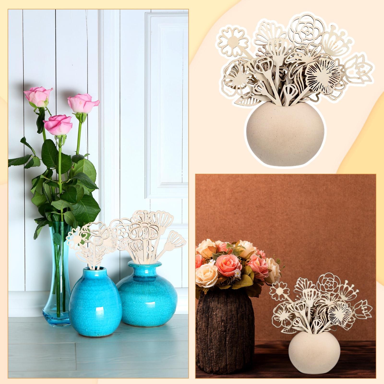 18 PCS Wood Wildflower Decor Set Wooden Flowers Crafts Laser Cut Home Art