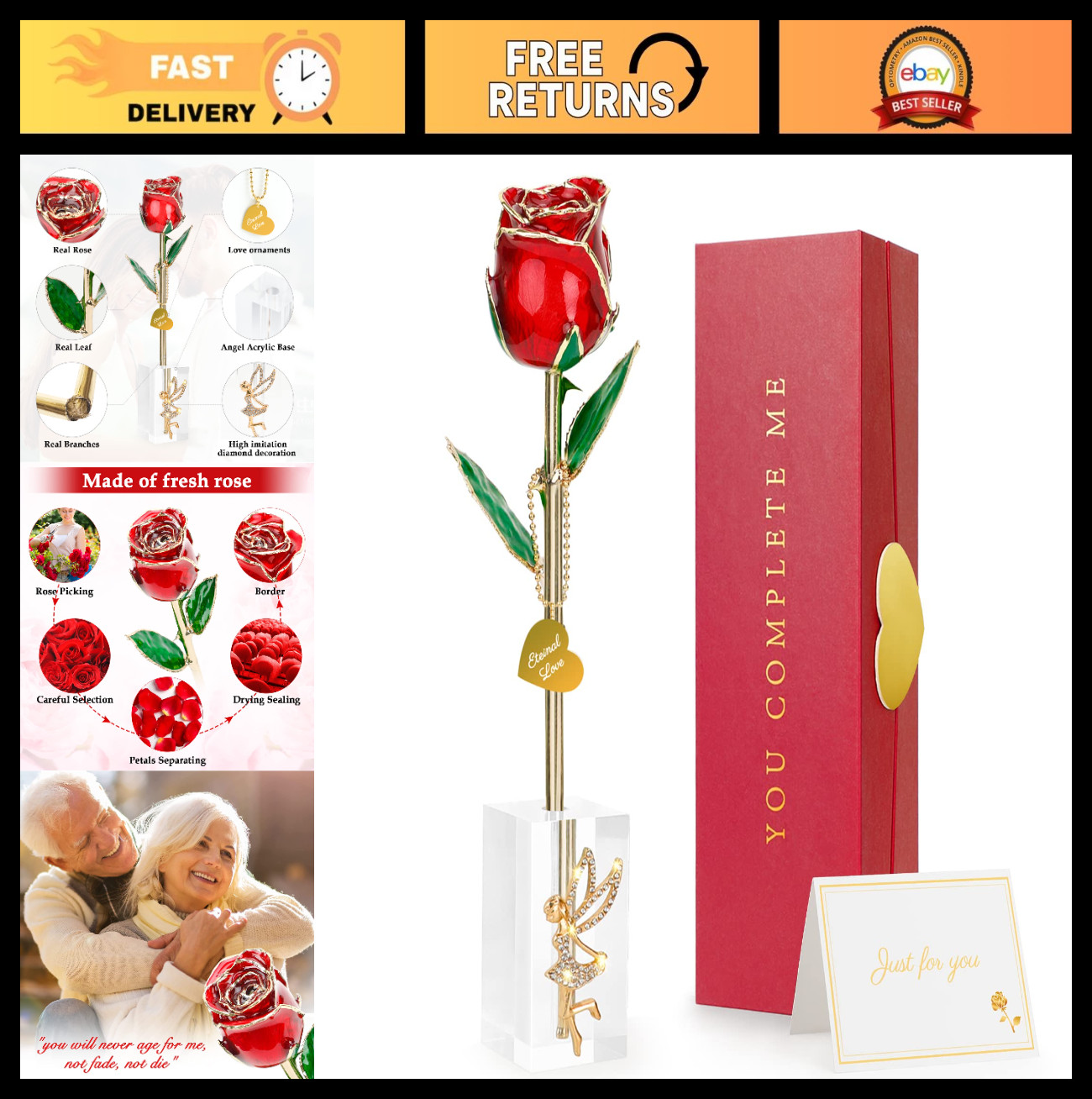 24K Gold Dipped Real Rose for Mother’s Day, Forever Rose with Crystal Stand – Re
