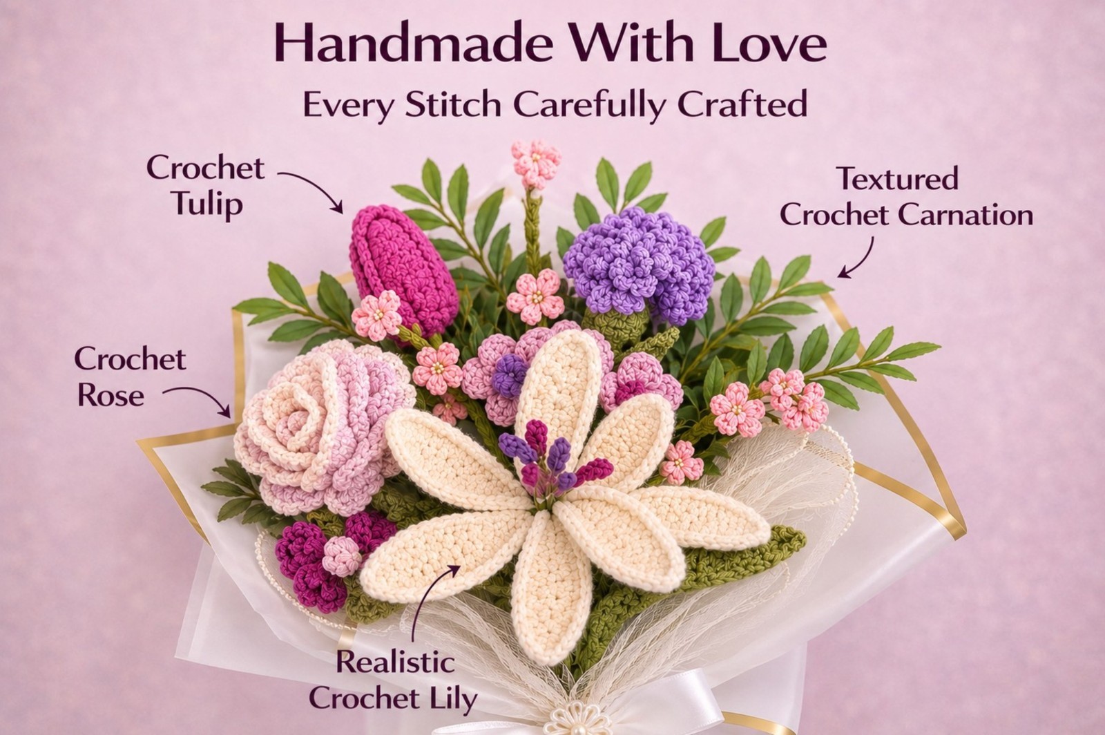 Hand Crocheted Flower Bouquet Purple Pink Burgandy Rose Lily Carnation Gift