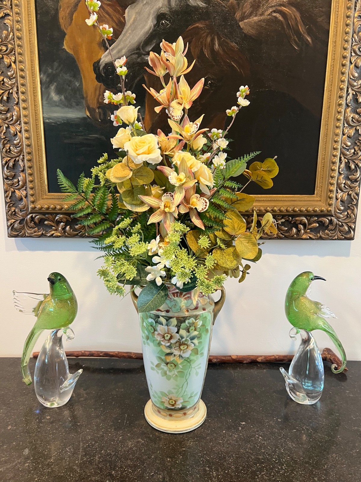 Silk Faux Floral Arrangement In Vintage Nippon Vase Gold – Celedon hand painted