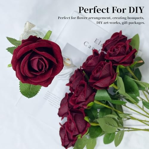 10 PCS Artificial Roses with Long Stems Silk Flowers Realistic Foam Wine Red