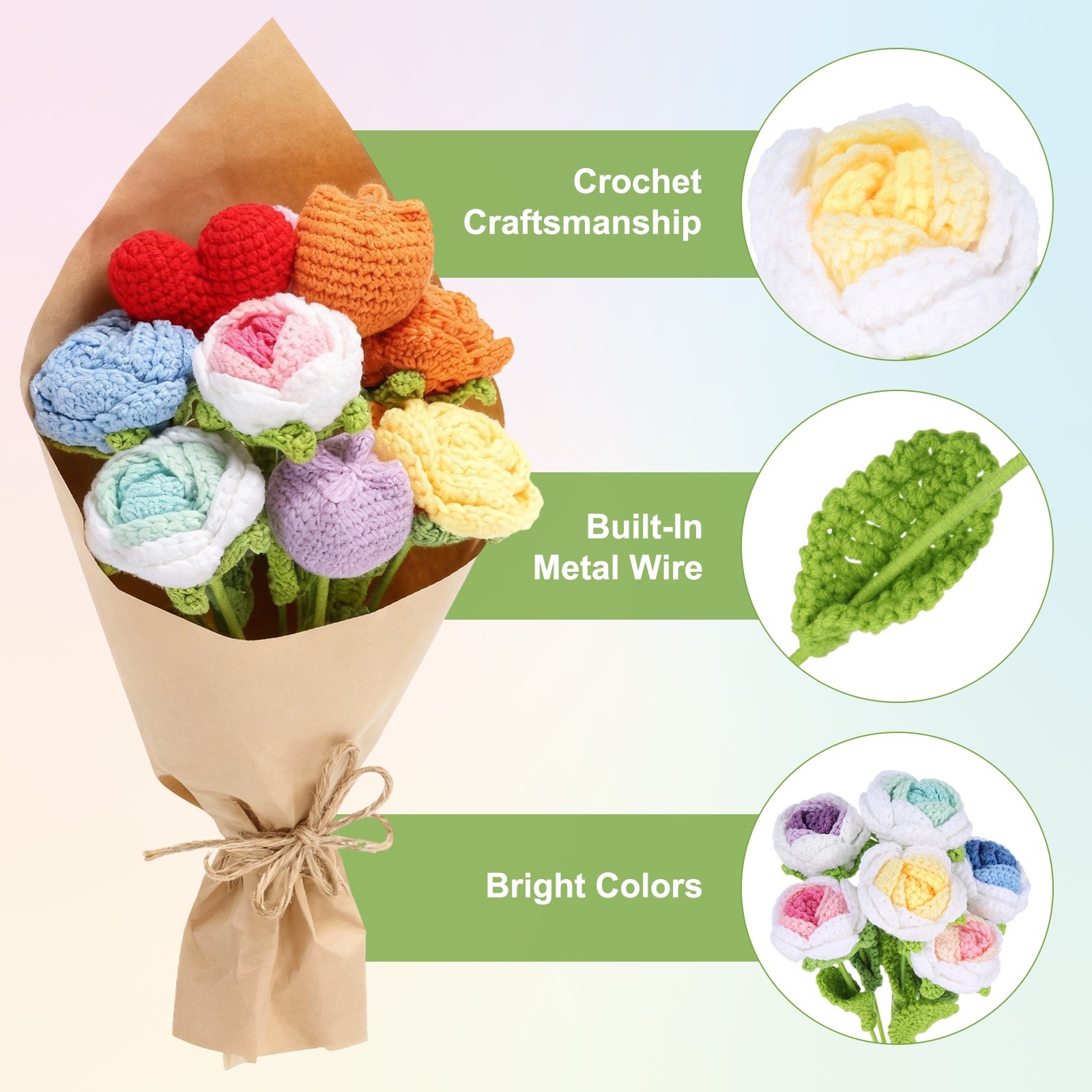 6Pcs Crochet Flower Rose Handmade Knitted Bouquet Yellow Gradient