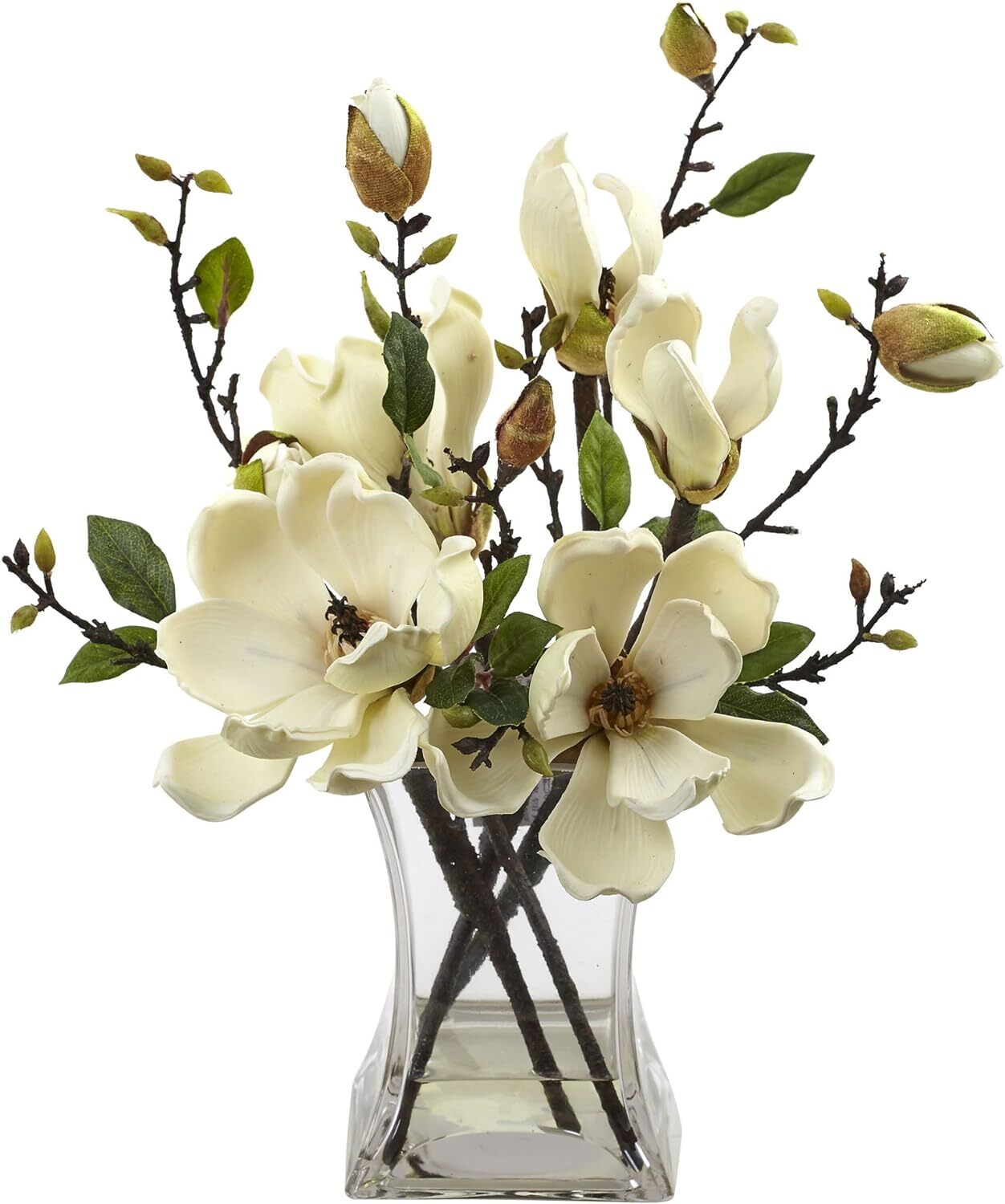 Nearly Natural 4534-WH Magnolia Arrangement with Vase,White