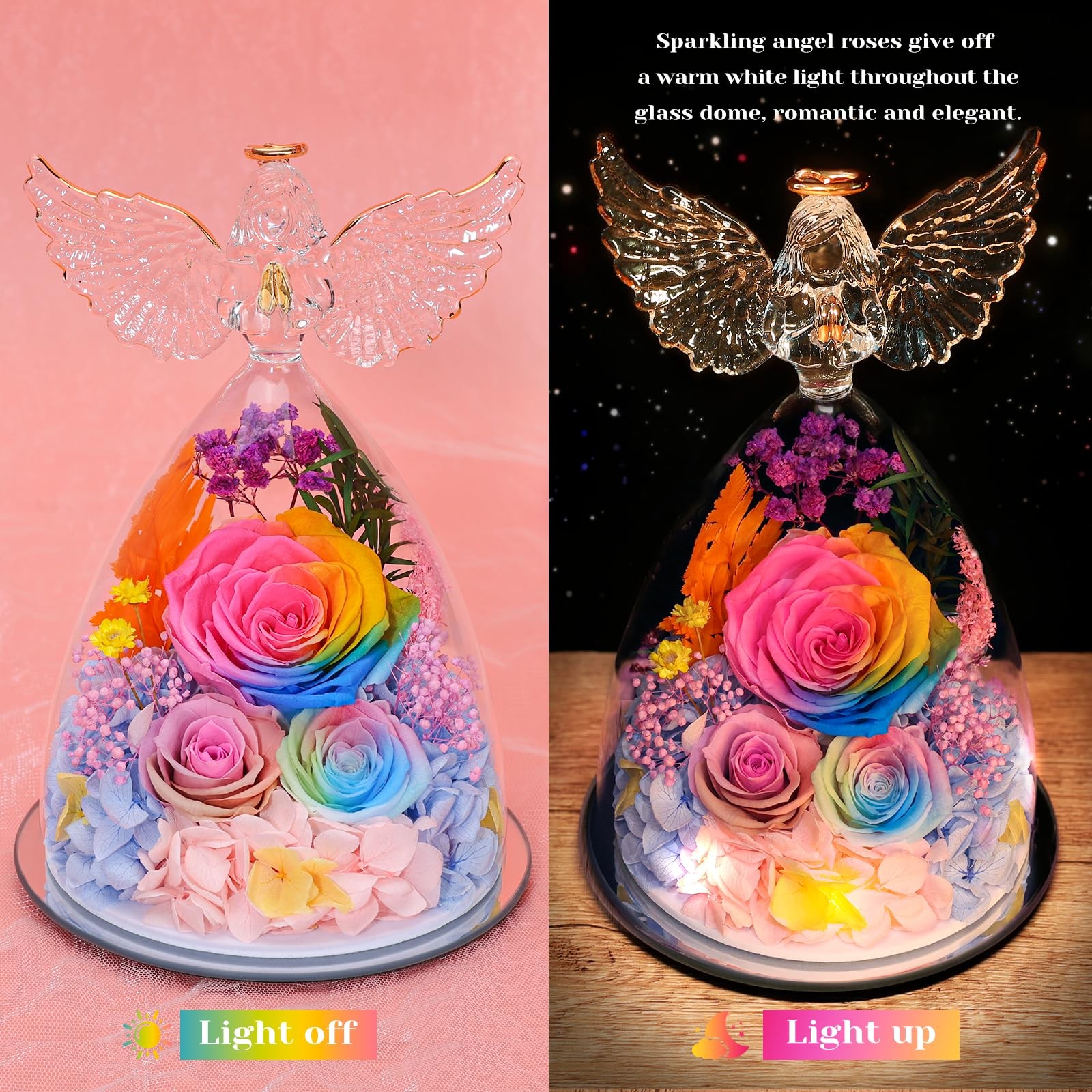 Gifts for Mom Preserved Rose Forever Flower in Glass Angel Figurine Fresh Flo…
