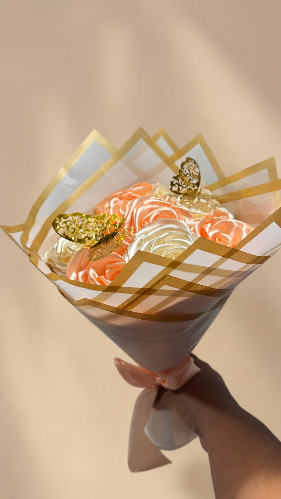 NORELD 20 Satin Rose Bouquet Peach Ivory Gold Butterflies Handmade Gift