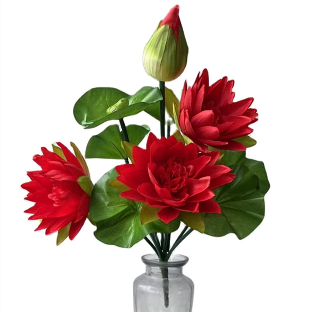 2pcs Red Lotus Artificial Flower Bouquets Faux Silk Water Lily Flower Bunch 1…