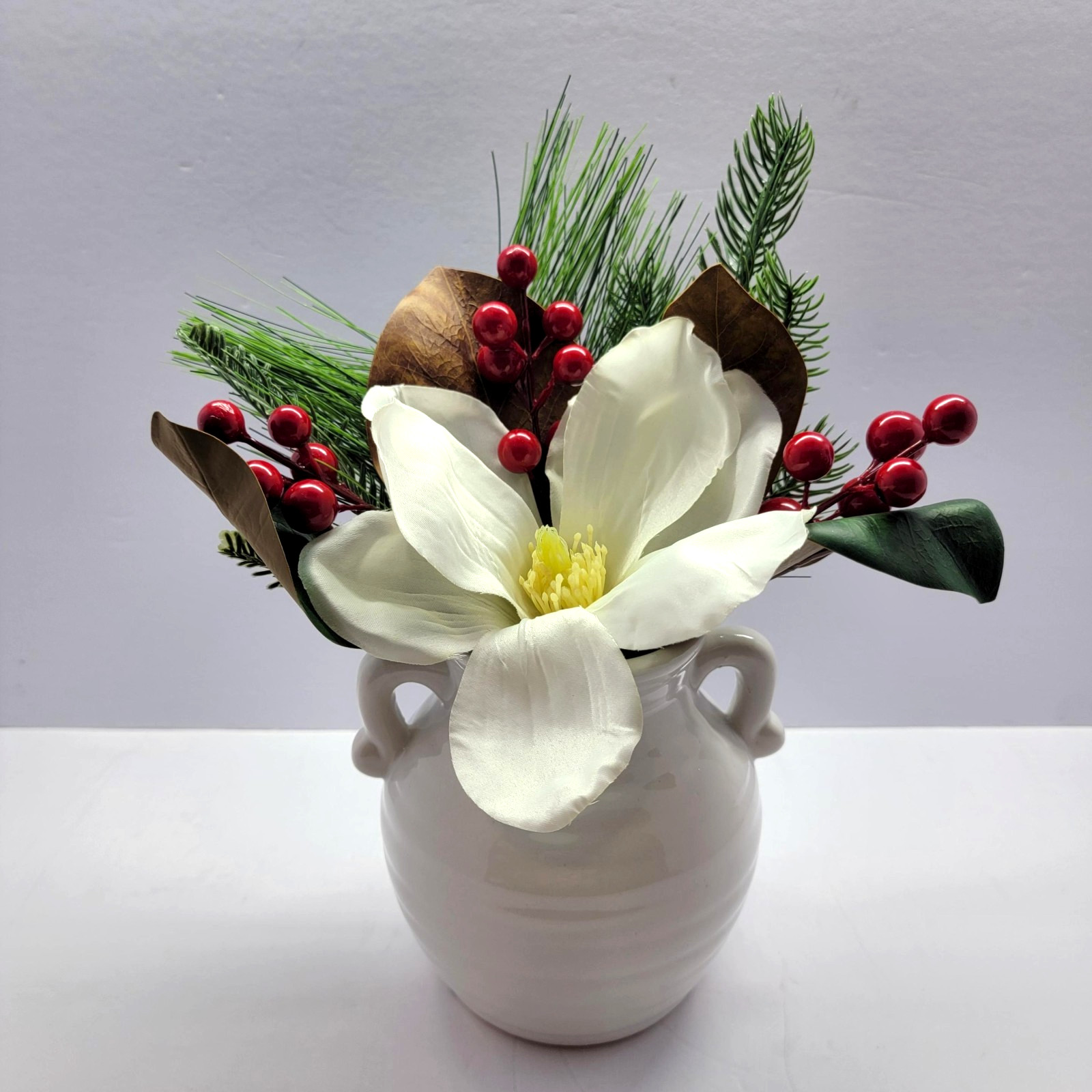 Farmhouse Magnolia Pine Berry Faux Floral Arrangement White Ceramic Vase Decor