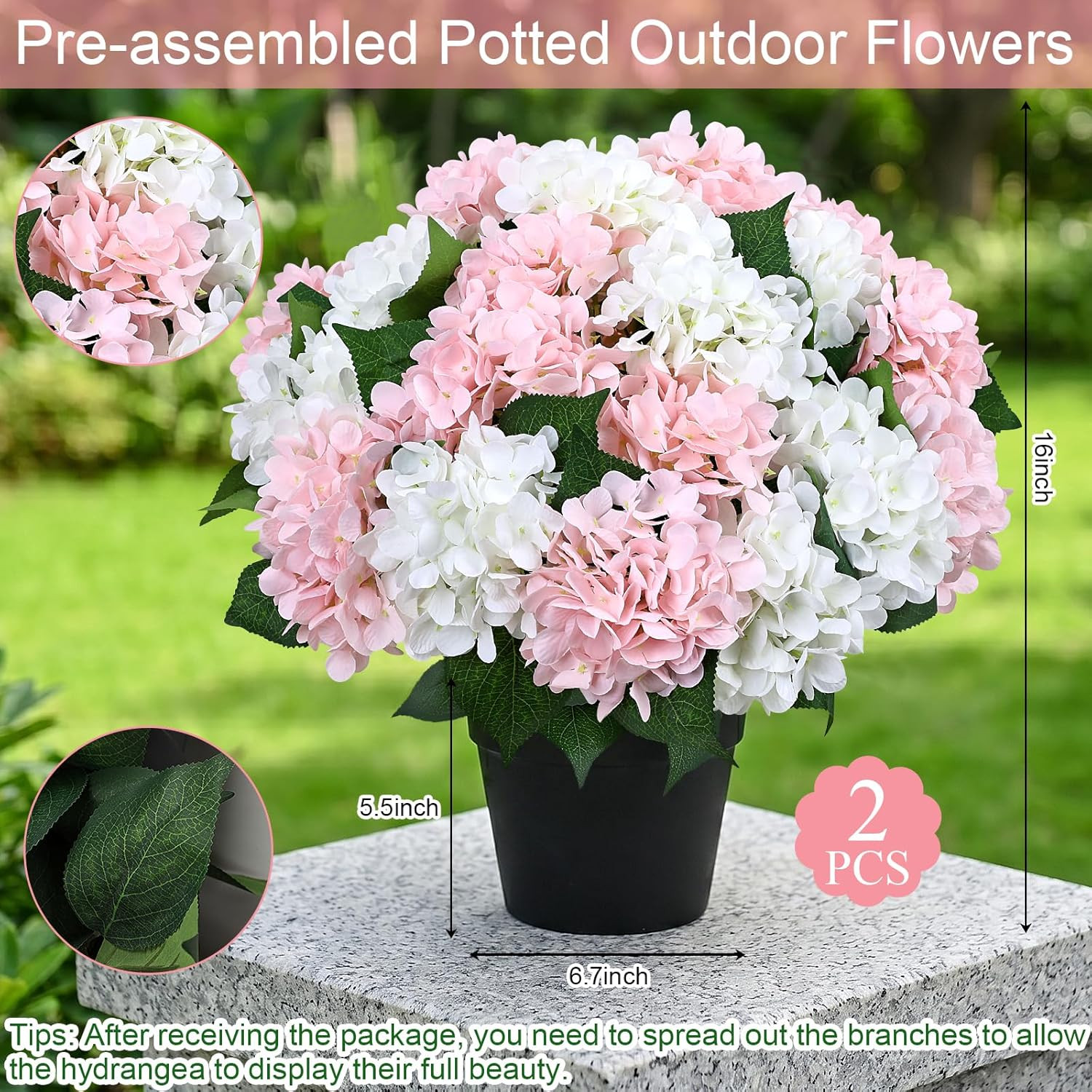 2 Sets 16″ Pink Hydrangea Artificial Flowers in Pots – UV Resistant Decor