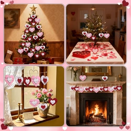 24 Pcs Valentines Day Tree Decorations 3D Vintage Red Pink White Wood Heart