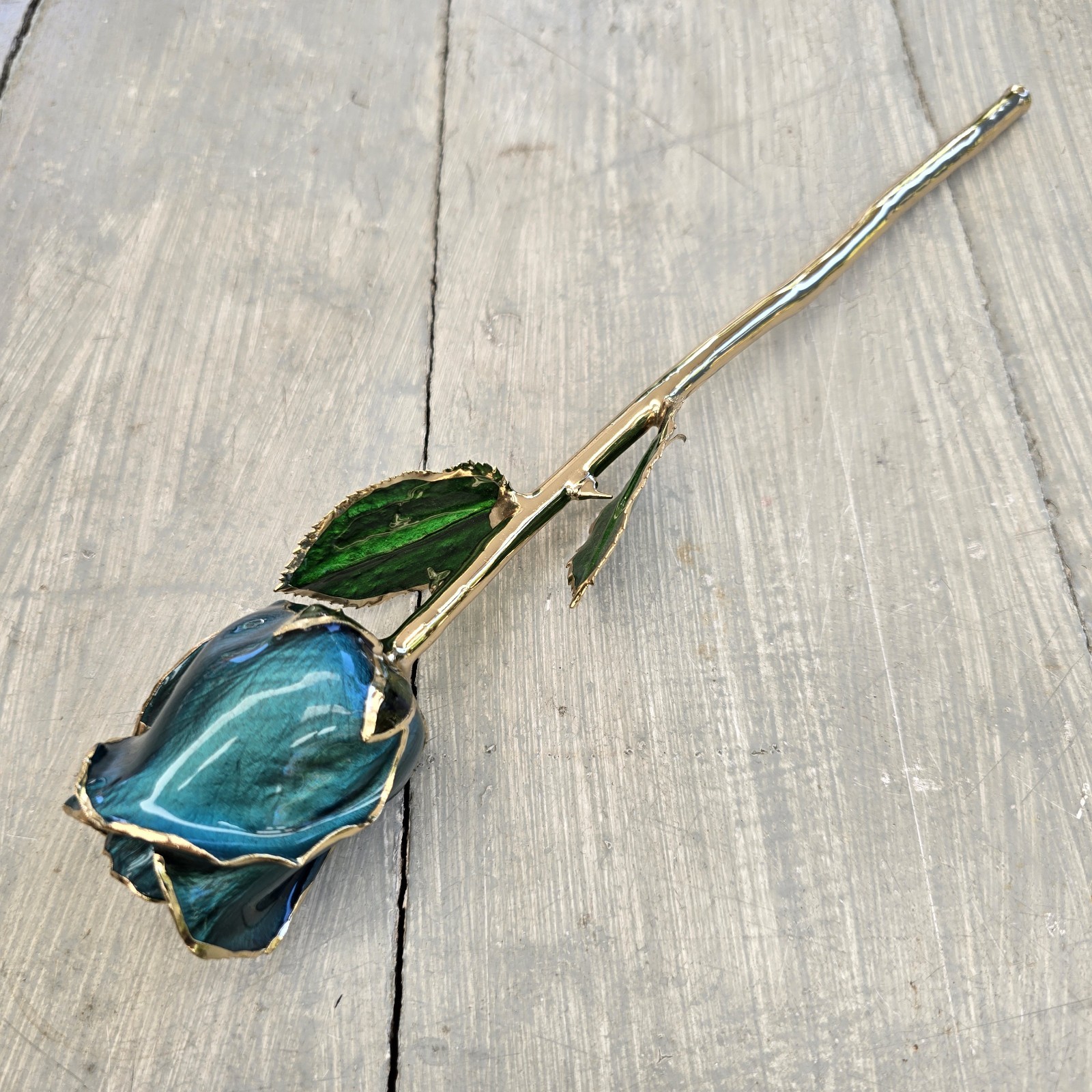 Long Stem Dipped 24k Gold Real Rose Teal Blue Enamel Coated Flower Elegant Decor