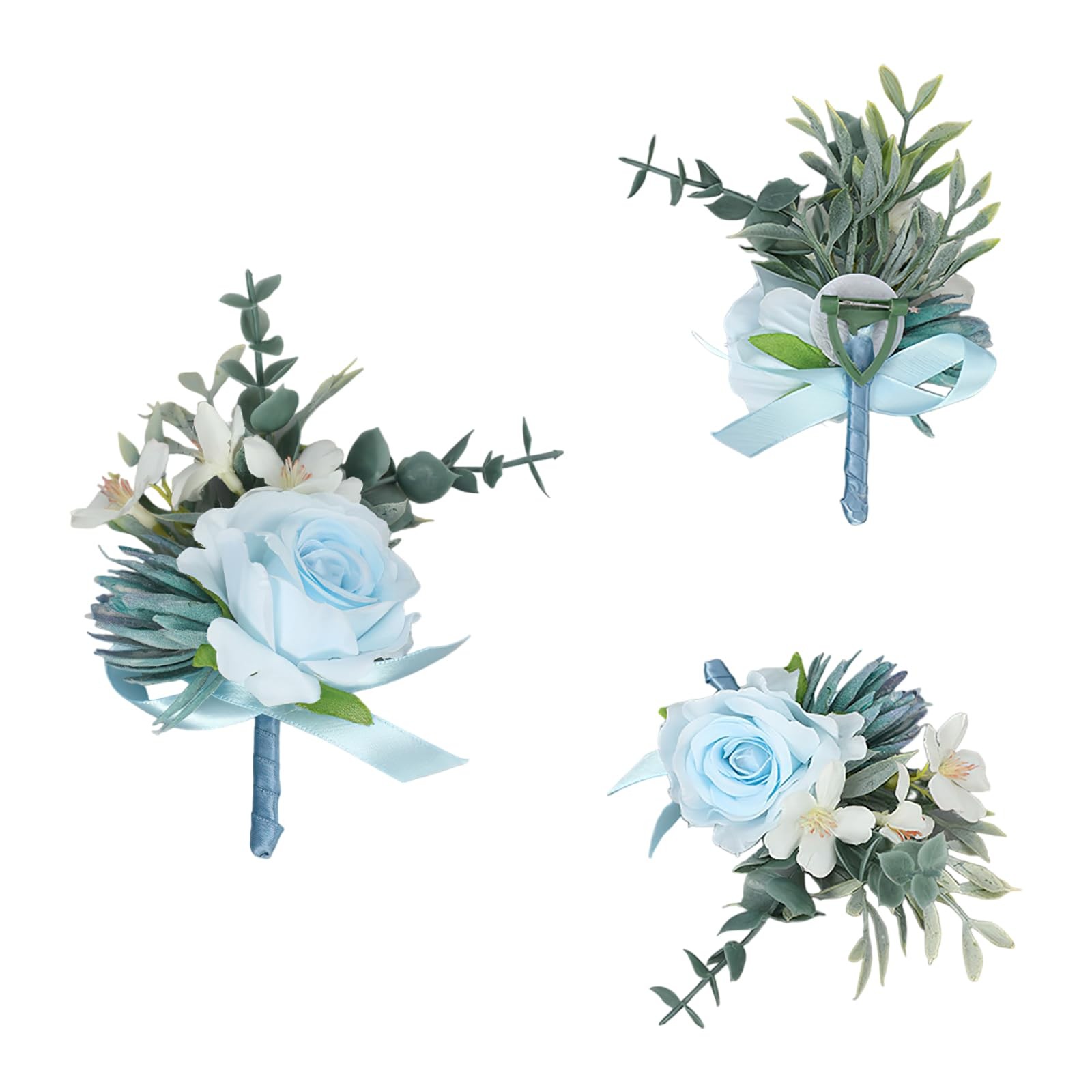 2 PCS Light Blue Artificial Rose Wrist Corsage Boutonniere Set Groom Groomsmen