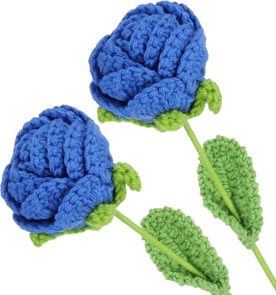 2Pc Crochet Rose Bouquet Dark Blue Handmade Knitted Flowers Gift Mother’s Day
