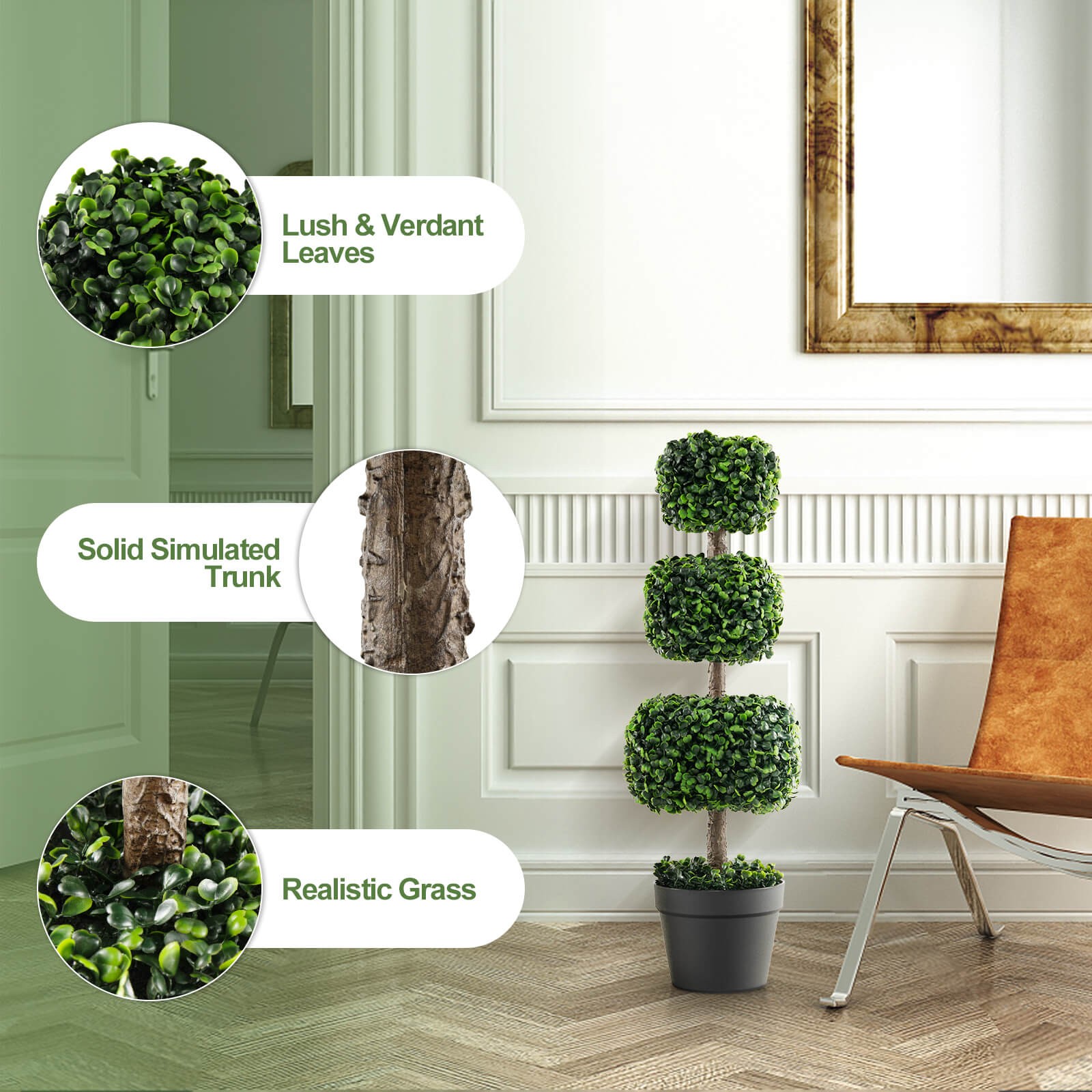 2PCS 35” Faux Boxwood Topiary Tree Square Shaped Fake Greenery Plants w/ Pot