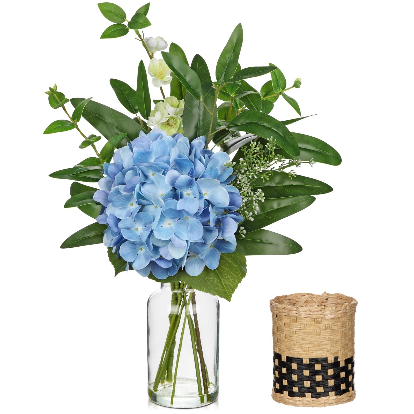 17″ Blue Hydrangea Artificial Flowers in Vase With Faux Water, UV Protected F…