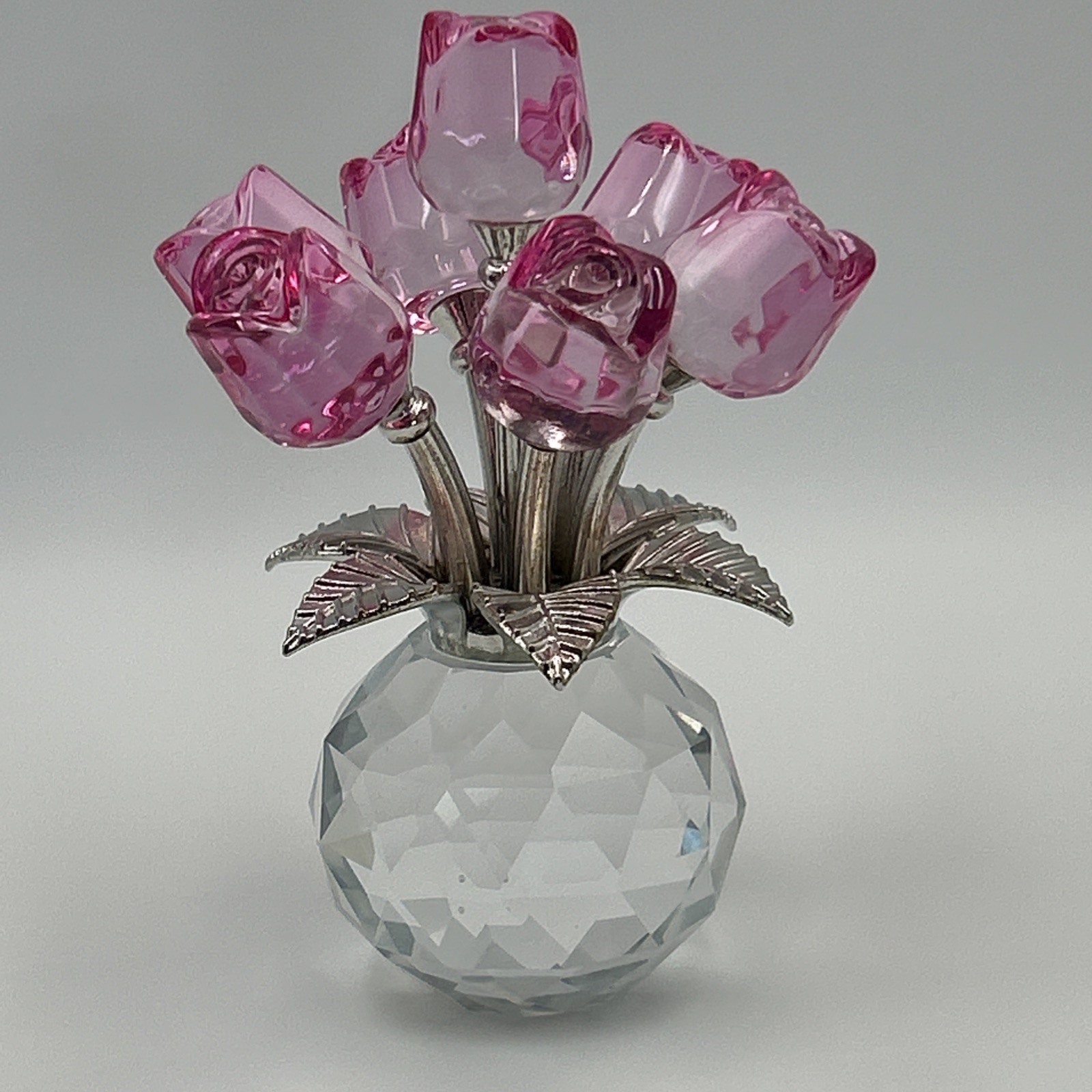 Handmade Crystal Glass Pink Rose Bouquet Flowers Vase Figurine + Gift Bag & Card