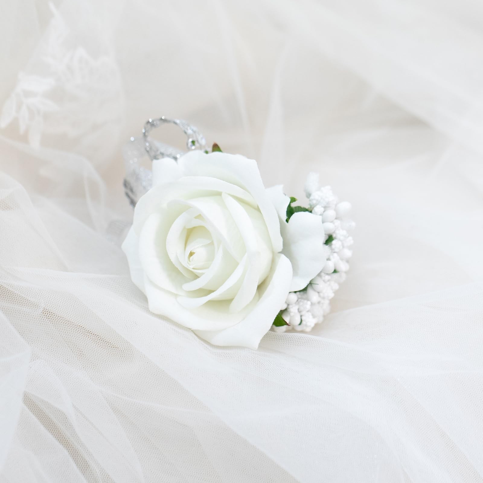 2Pcs White Rose Corsage and Boutonniere Set, Corsage Wristlet Band for Prom D…