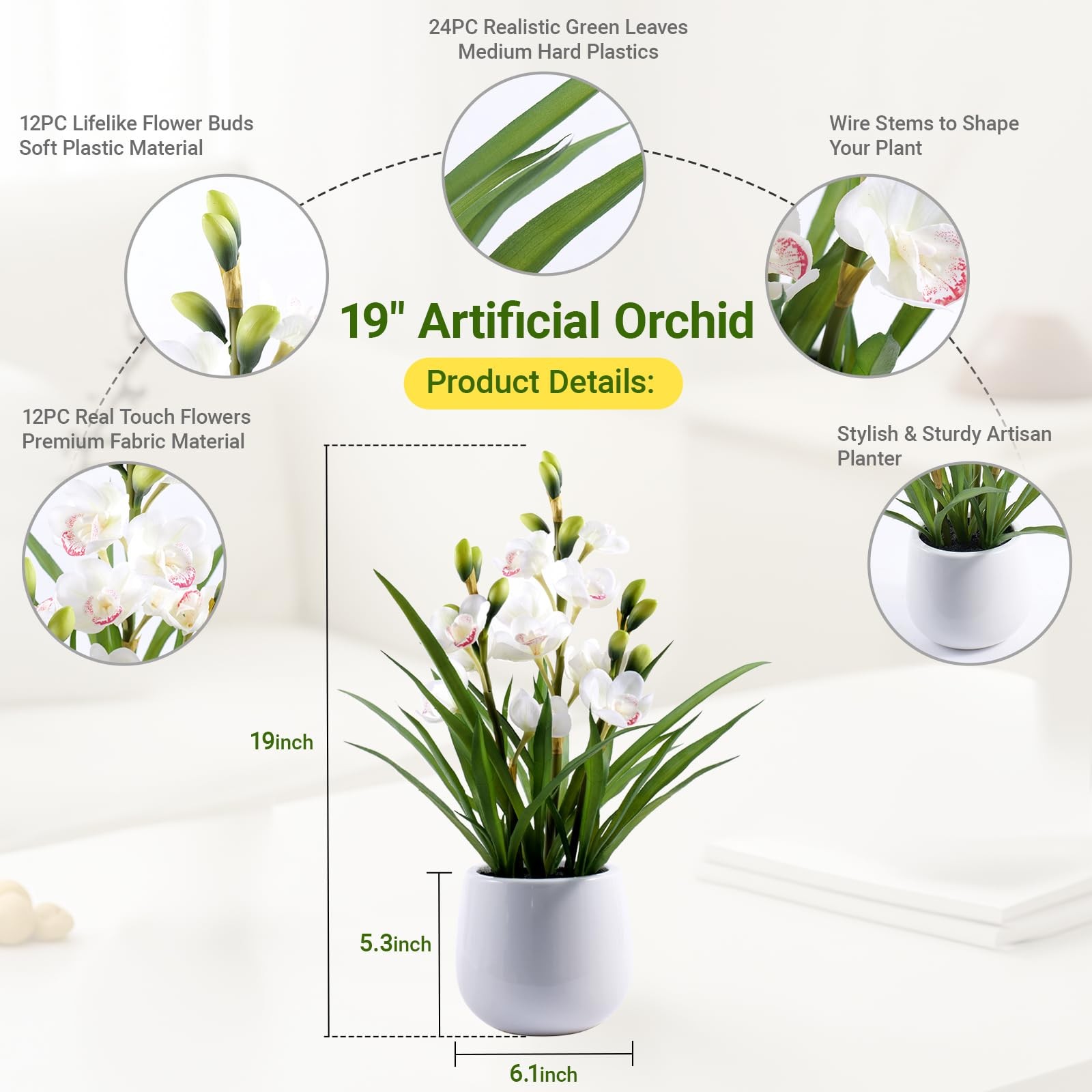 Fake Orchid Plant 19 Inch Tall Realistic Touch Leaves Potted Cymbidium White