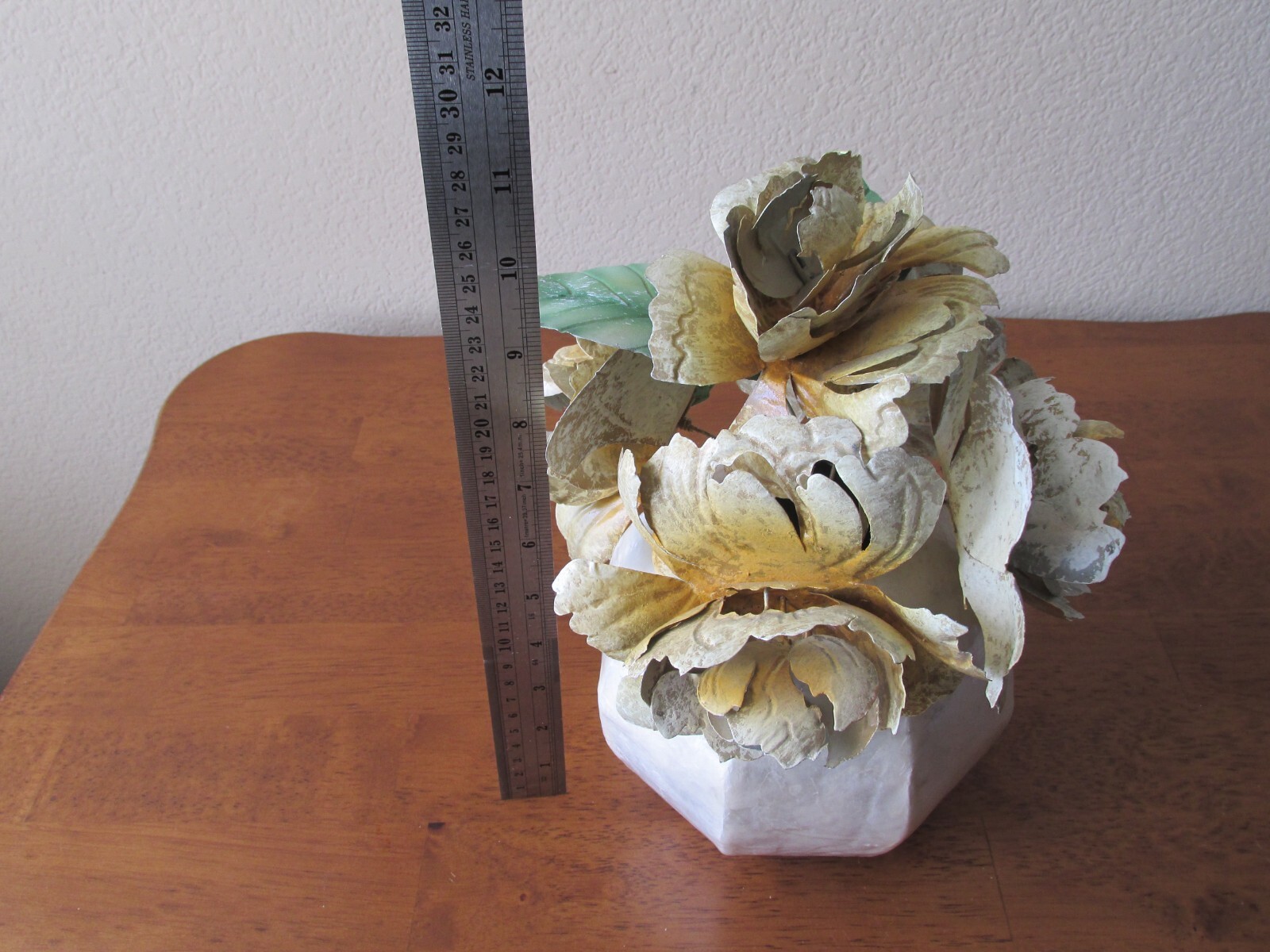 Metal Flower Arrangement 11” Tall Off white, Yellow, green with a meta Vase