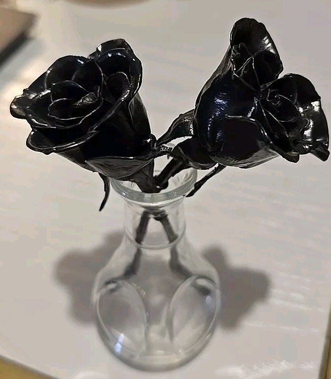 Iron (Real) Roses In Vase: 2 Small Roses Dipped In Iron