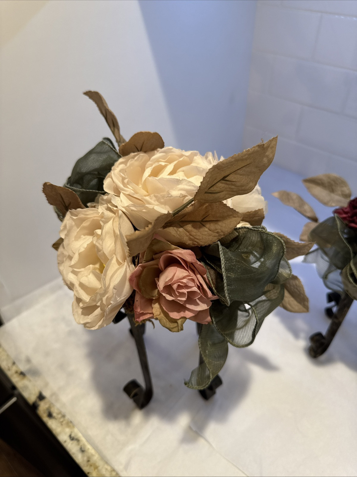 Artificial Pink/Dusty Rose/moss Flower FAUX Bouquet w Iron Legs Green Ribbon