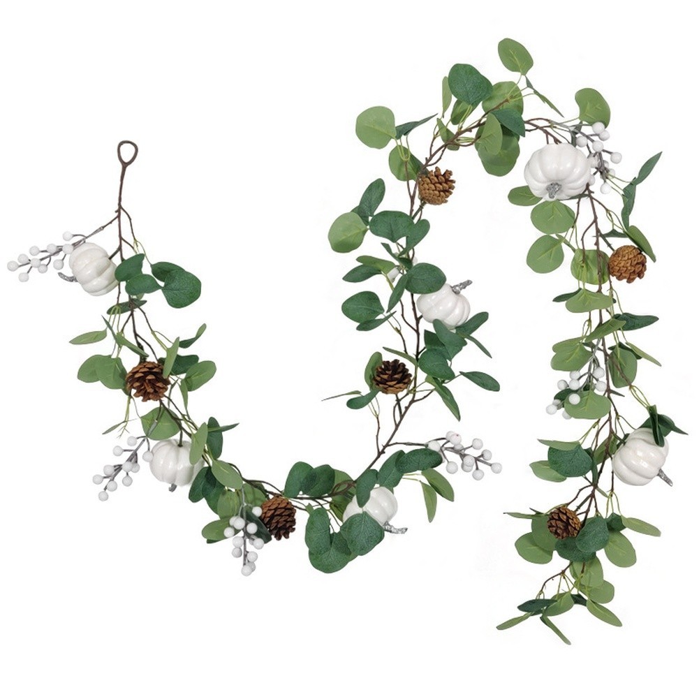 Artificial Pumpkin Vine Decor Winter Harvest Fall Wreath with Pinecones White