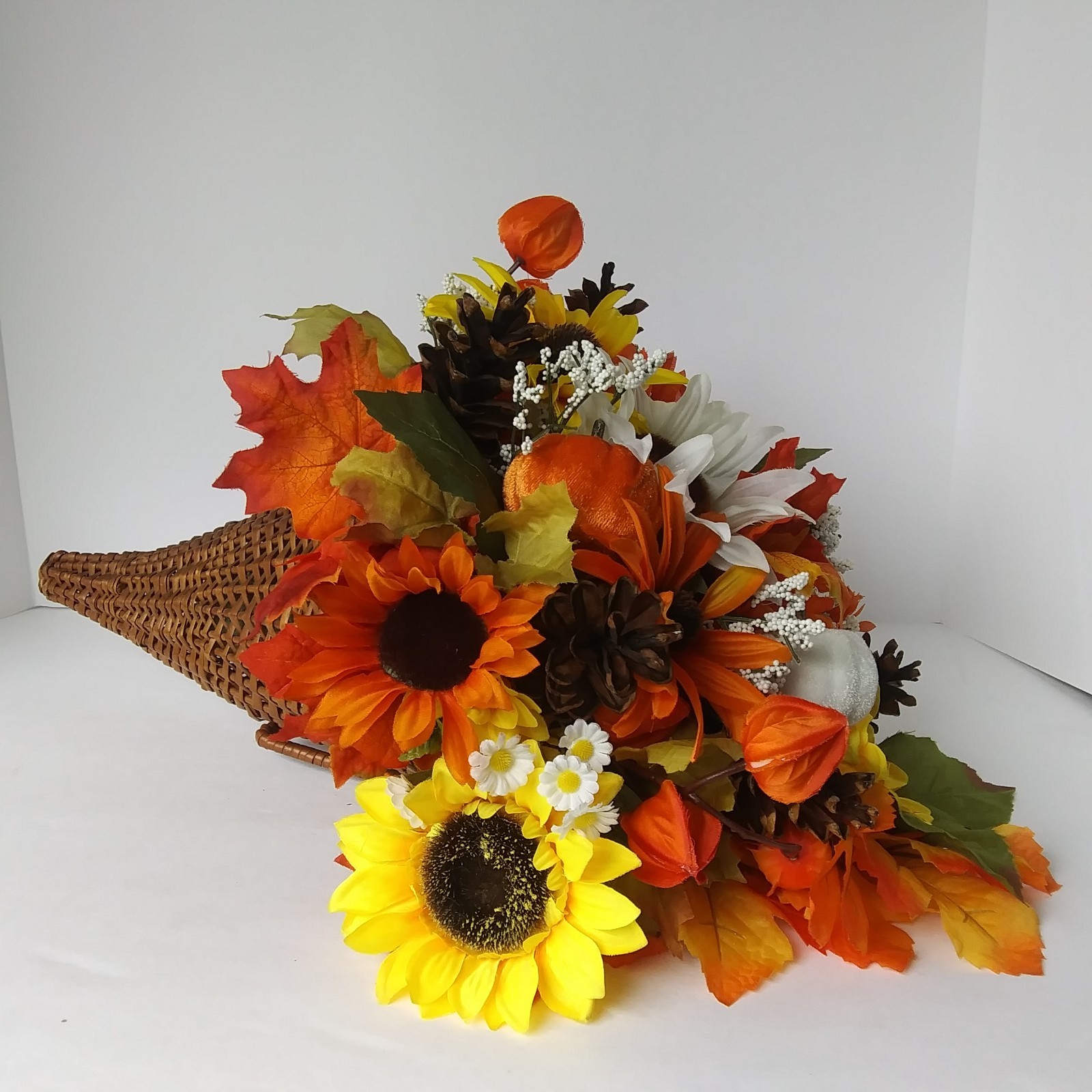 Fall Cornucopia Centerpiece Sunflowers Pinecones Maple Leaves Harvest Decor