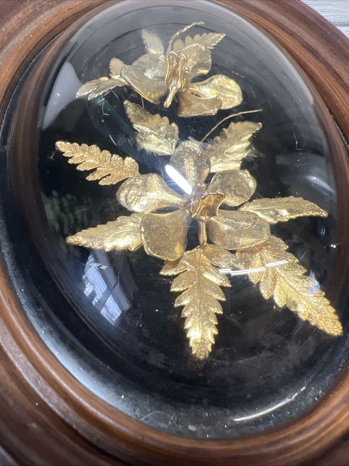 Flora Hawaii 24K Gold Encased Orchid Fern Art Dome Glass WoodFrame VTG Pair