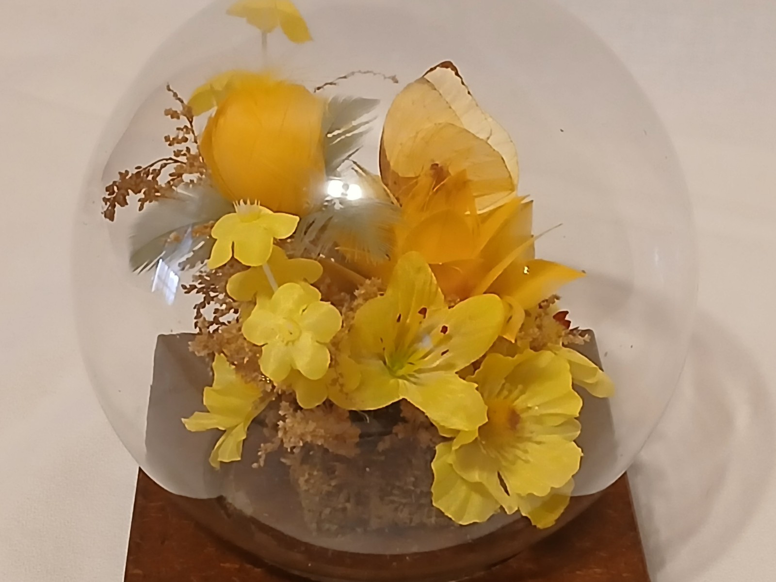 Vintage PENCO Glass Dome Terrarium w/ faux silk flowers & butterfly- 19″ around