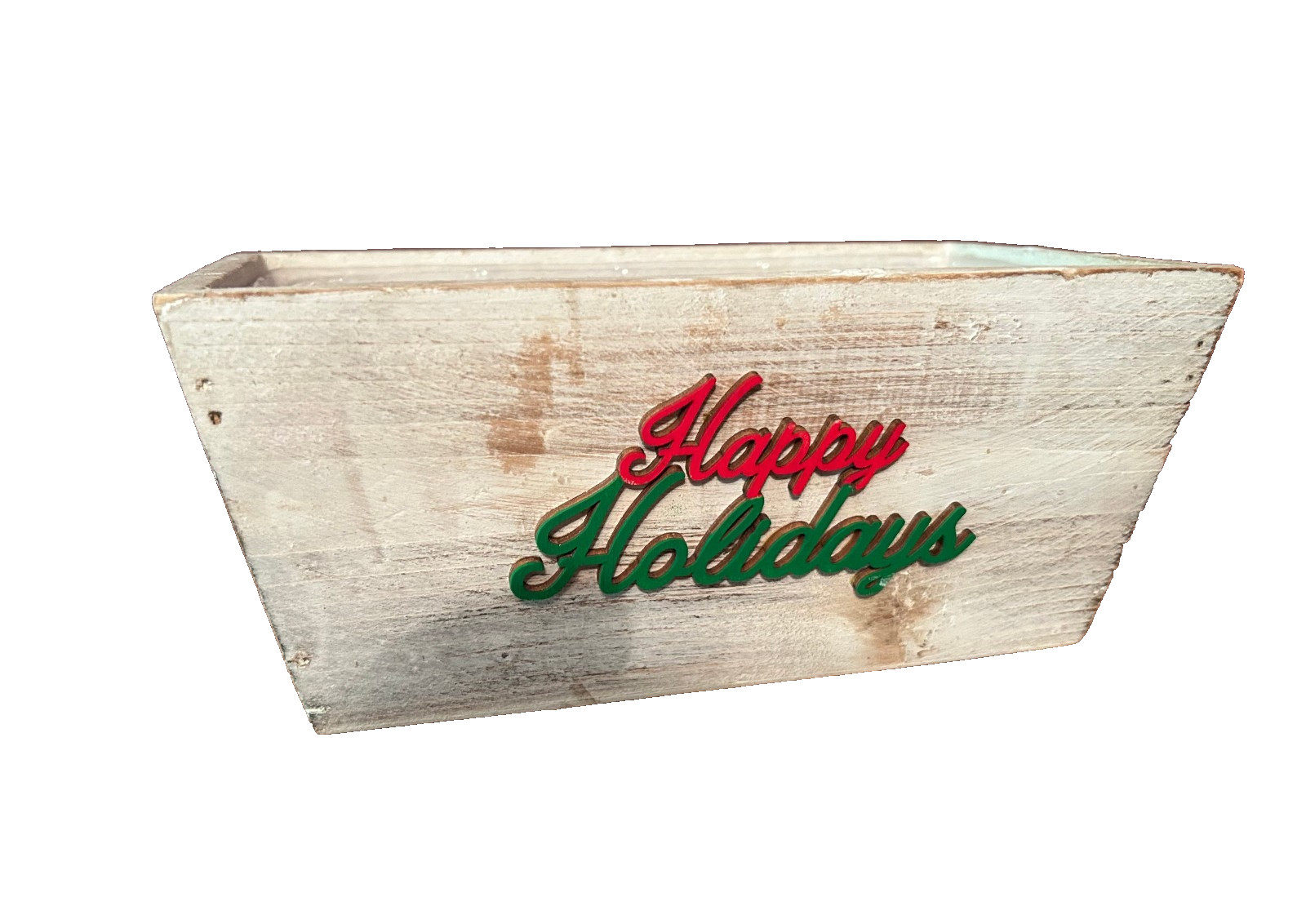Happy Holidays White Wood Planter Box W/Plastic Liner 8″ x 4″ x 4″ no Plant