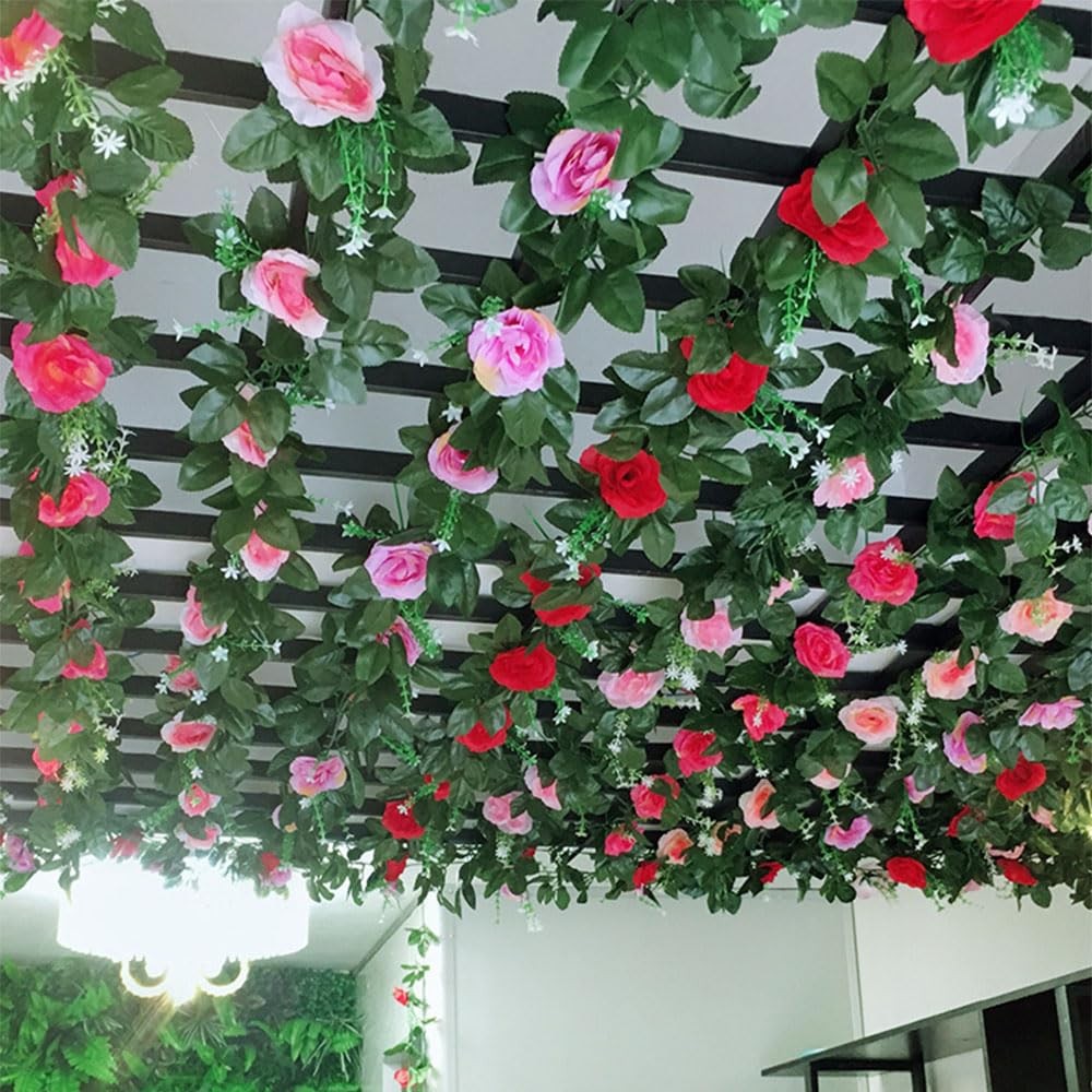 5PCS Fake Rose Vine Flowers Plants Artificial Flower Hanging Red Rose Ivy Hom…
