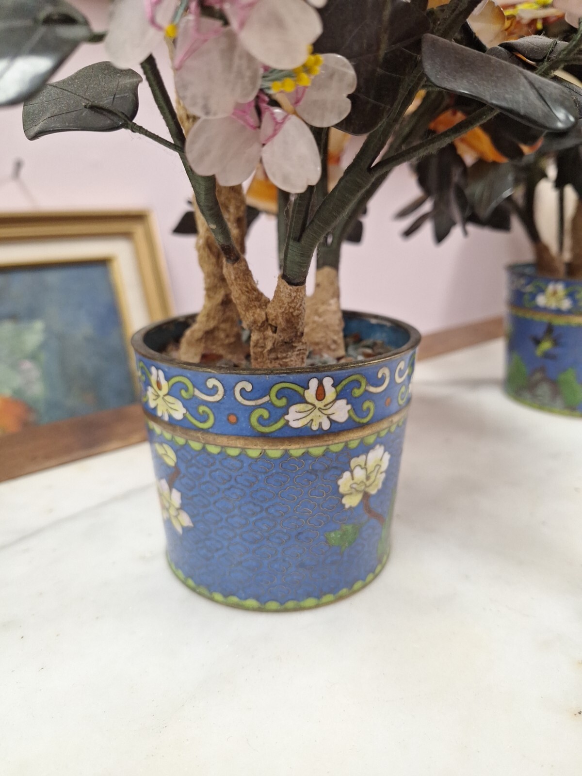 2 Hand Painted Japanese Flower Pots With Artificial Flowers With Jade 3.5″ Diam