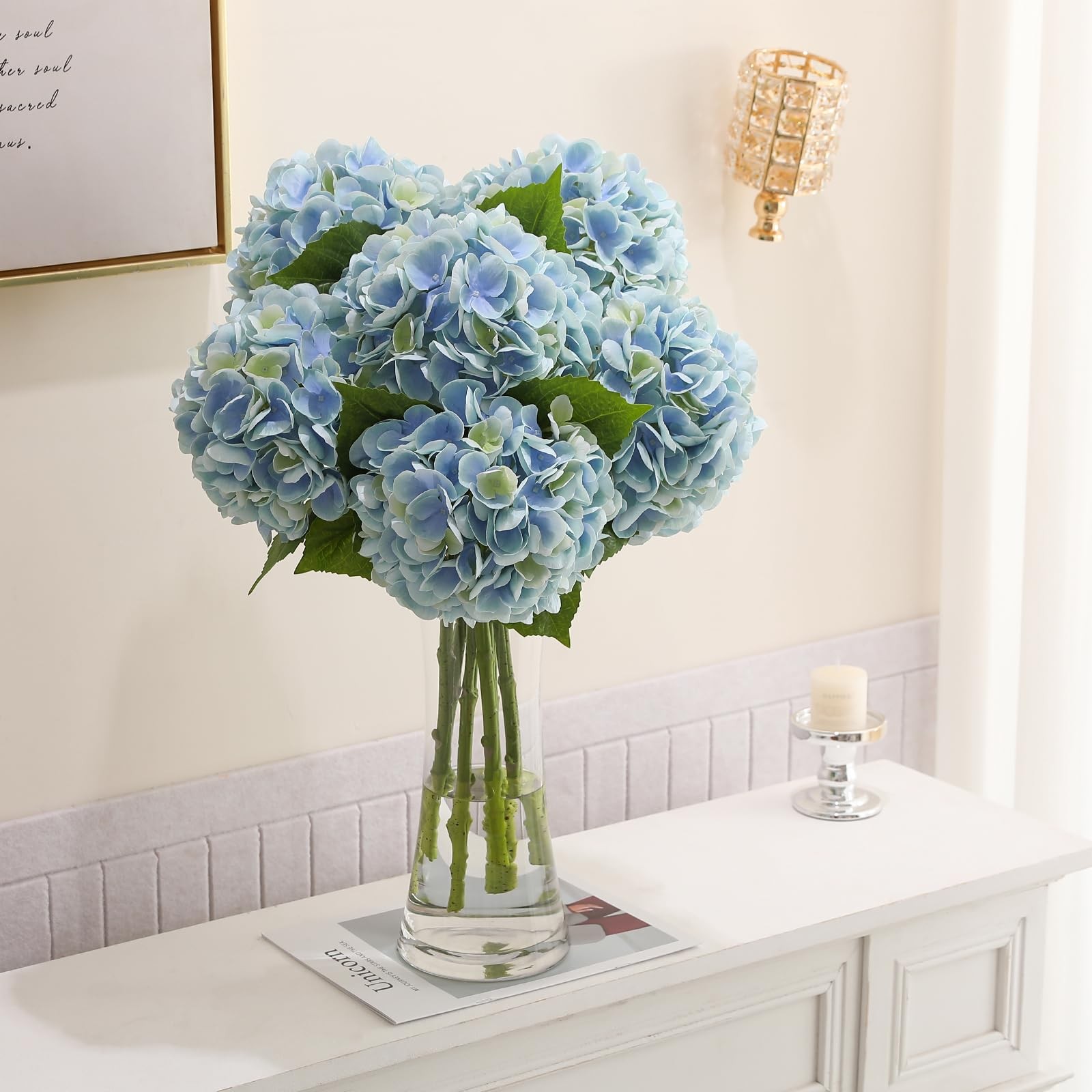 6PCS 22 inch Hydrangea Artificial Flowers Real Touch Pale Blue Faux Hydrangea…