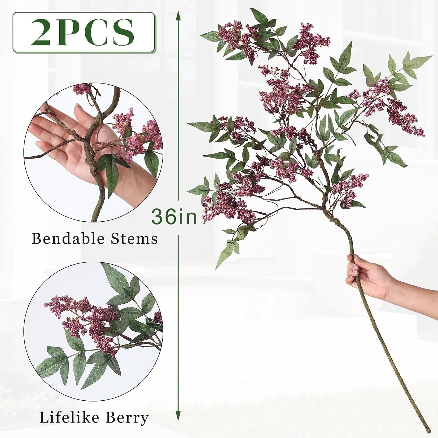 2 Pcs 36″ Dusty Plum Nandina Berry Stem – Realistic Greenery for Home Decor