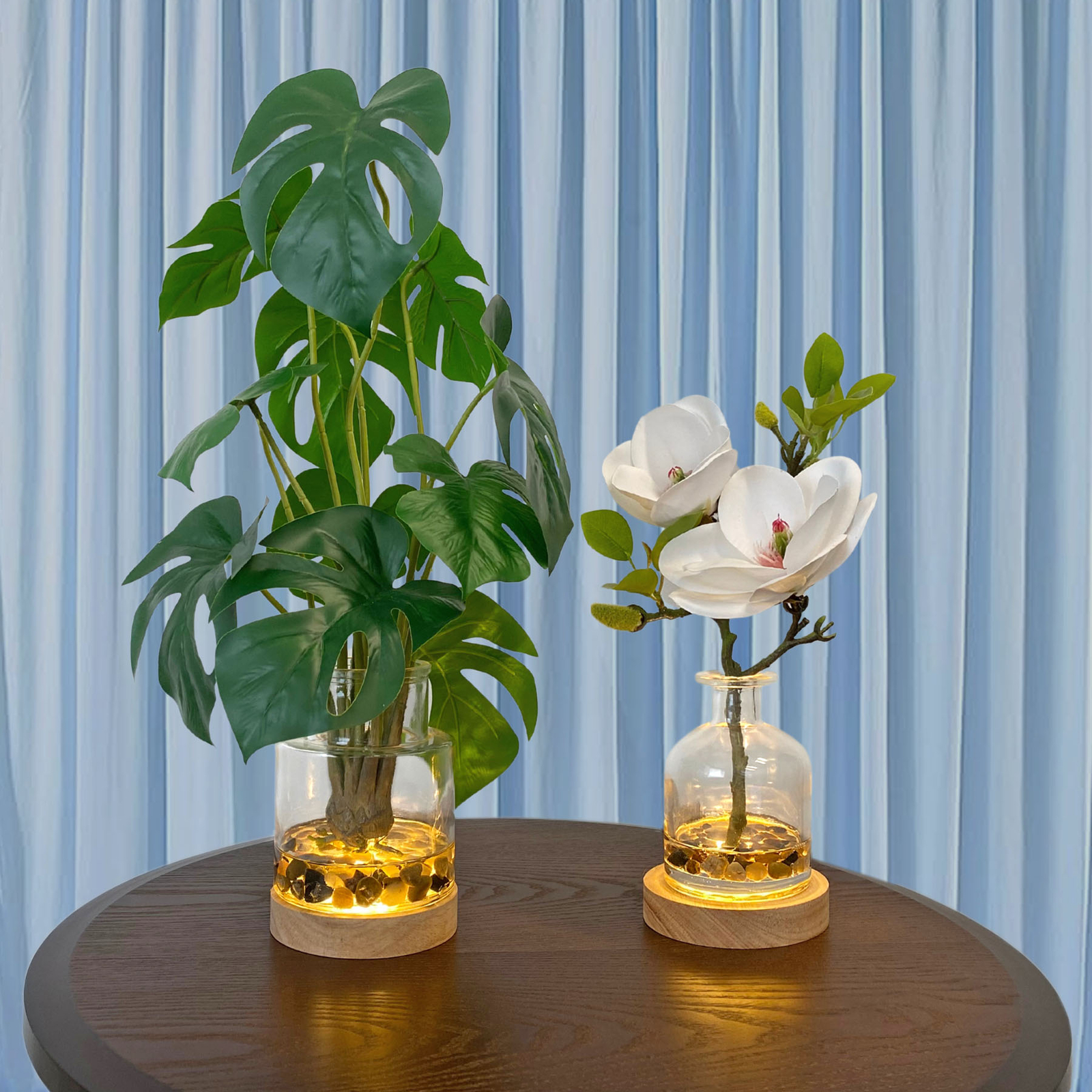Real Touch 17.5 inch Artificial Plant Monstera Leaves in Glass Vase and LED Base